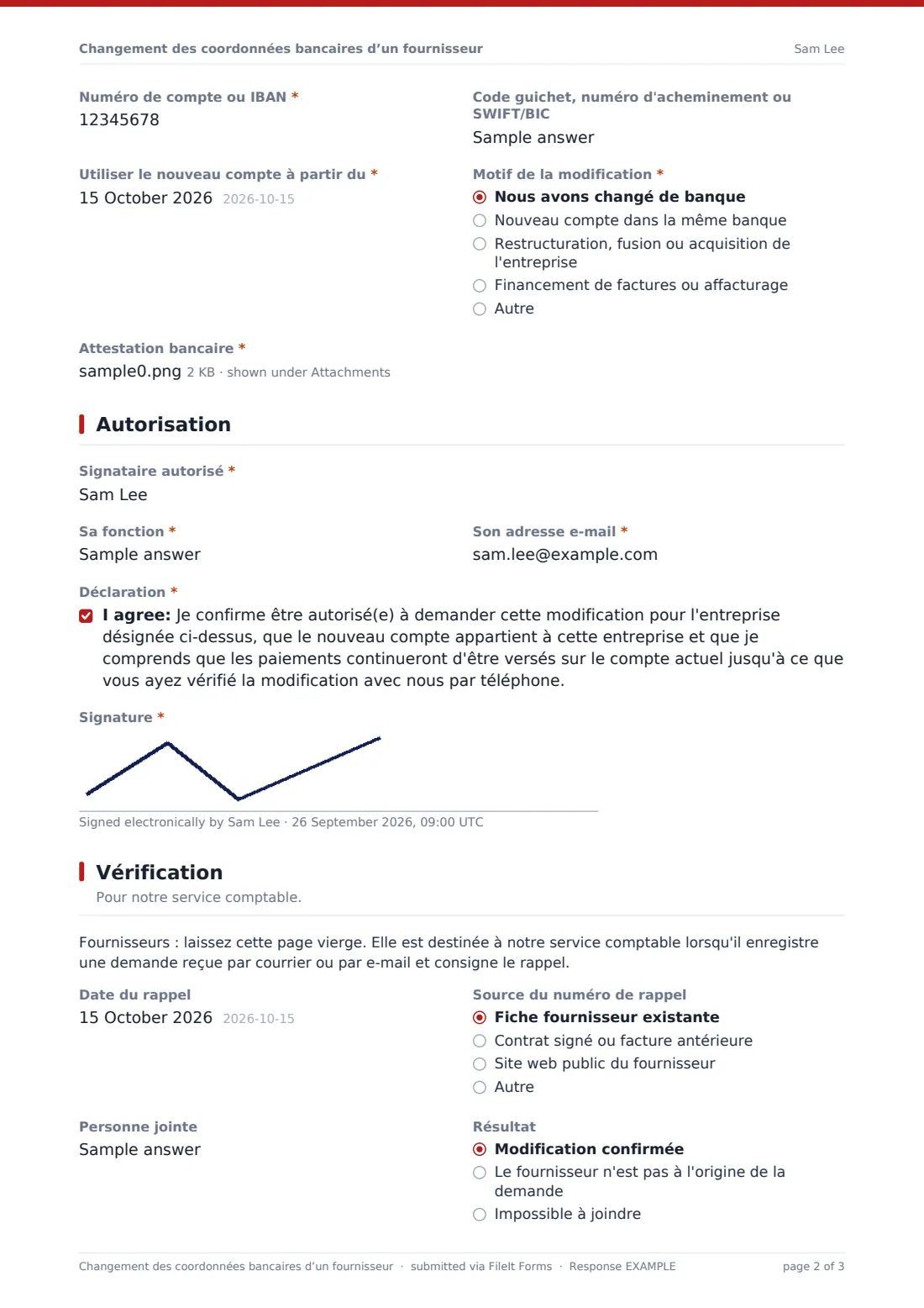 Changement des coordonnées bancaires d’un fournisseur — exemple de réponse au format PDF, page 2 sur 3