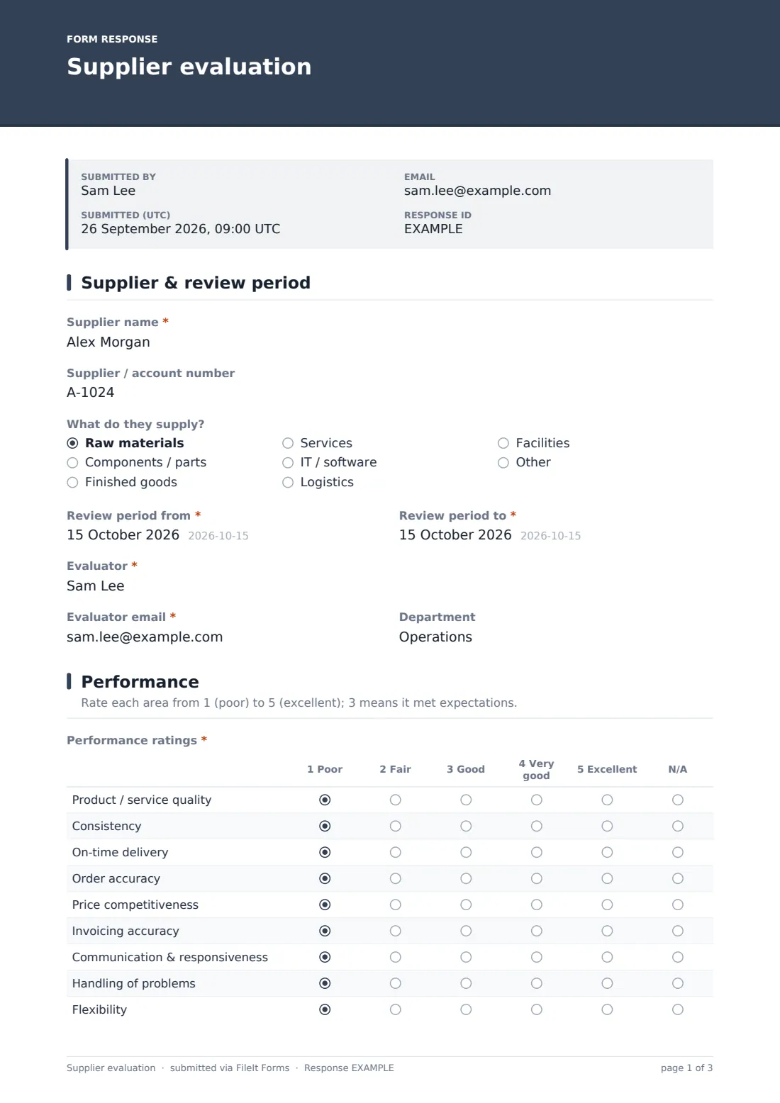 Supplier evaluation — example response PDF, page 1 of 3