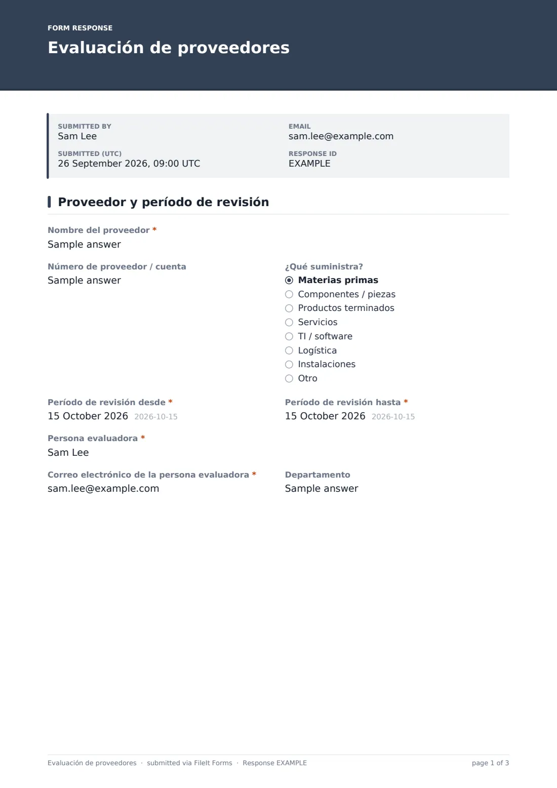 Evaluación de proveedores — PDF de respuesta de ejemplo, página 1 de 3