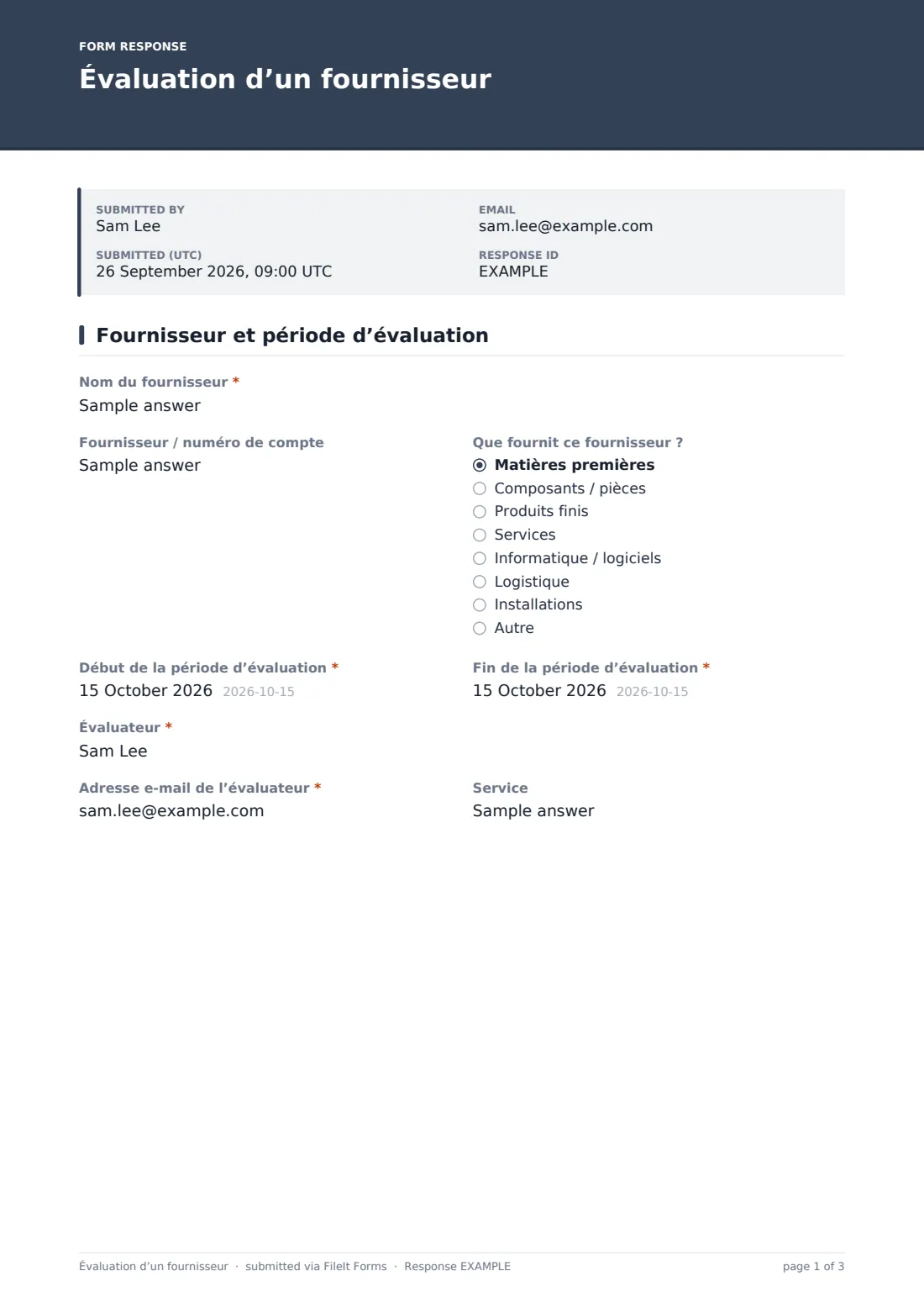 Évaluation d’un fournisseur — exemple de réponse au format PDF, page 1 sur 3