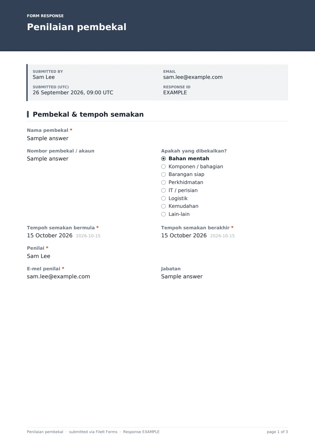 Penilaian pembekal — PDF respons contoh, halaman 1 daripada 3