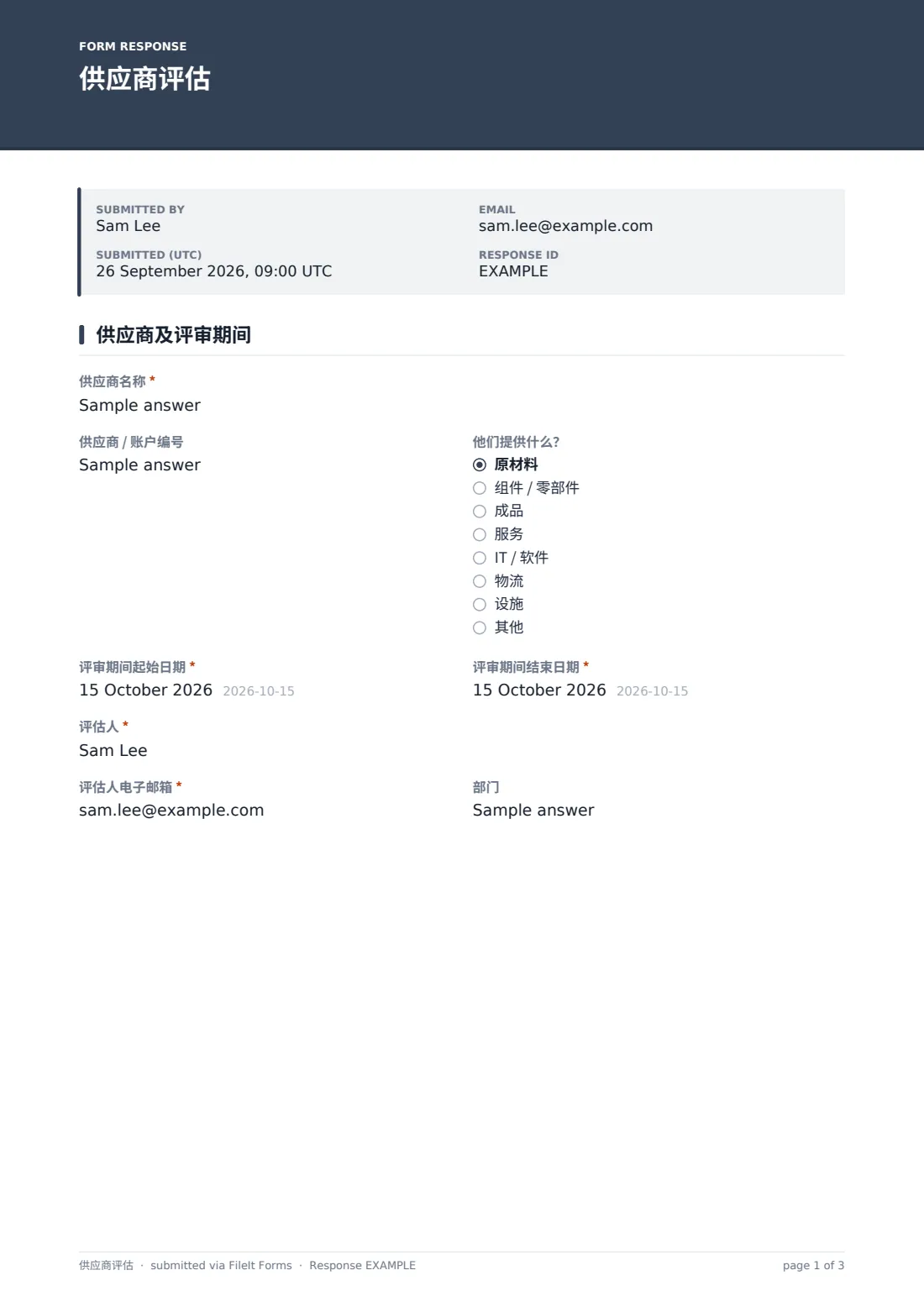 供应商评估 — 示例回复 PDF，第 1 页，共 3 页