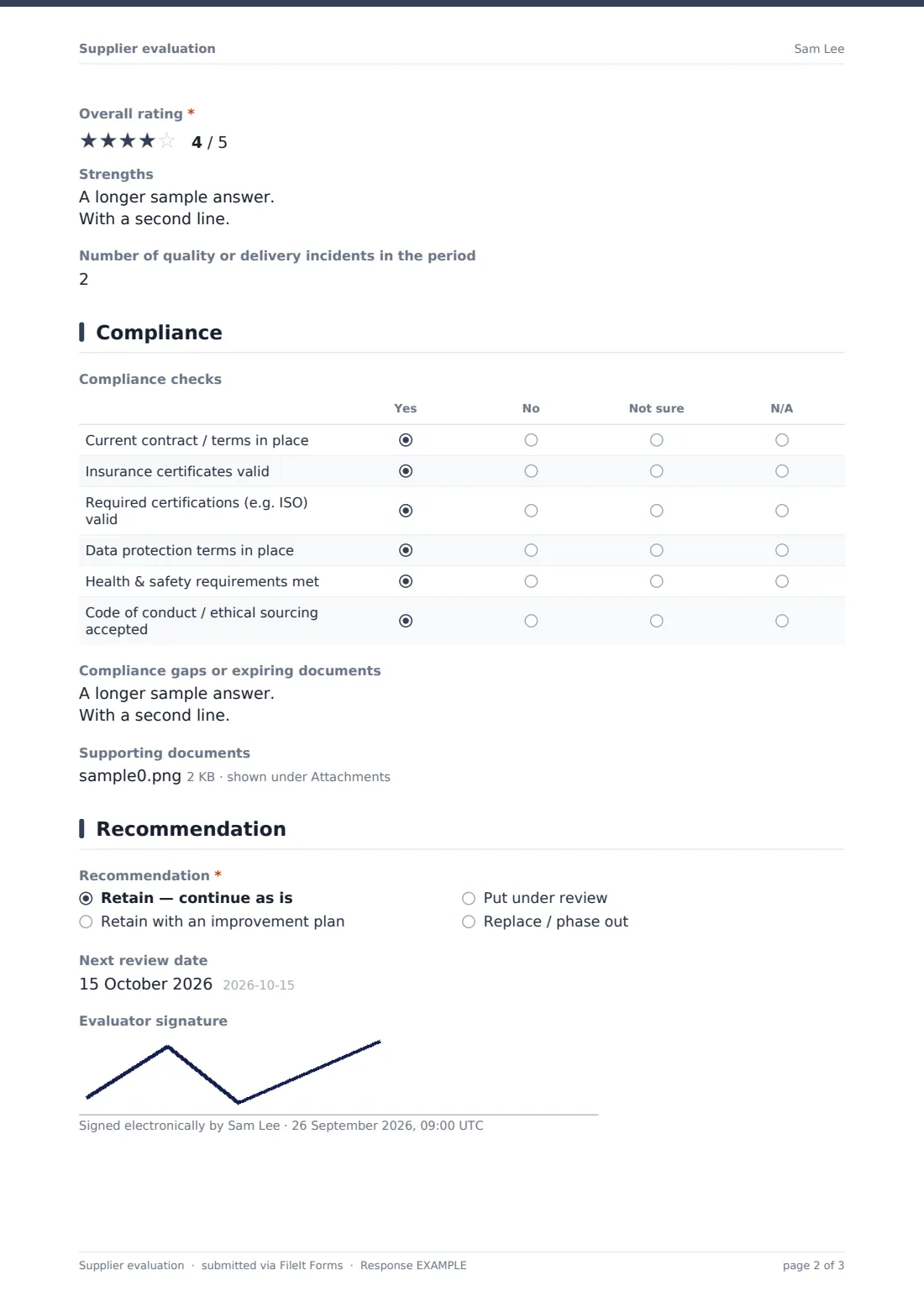Supplier evaluation — example response PDF, page 2 of 3