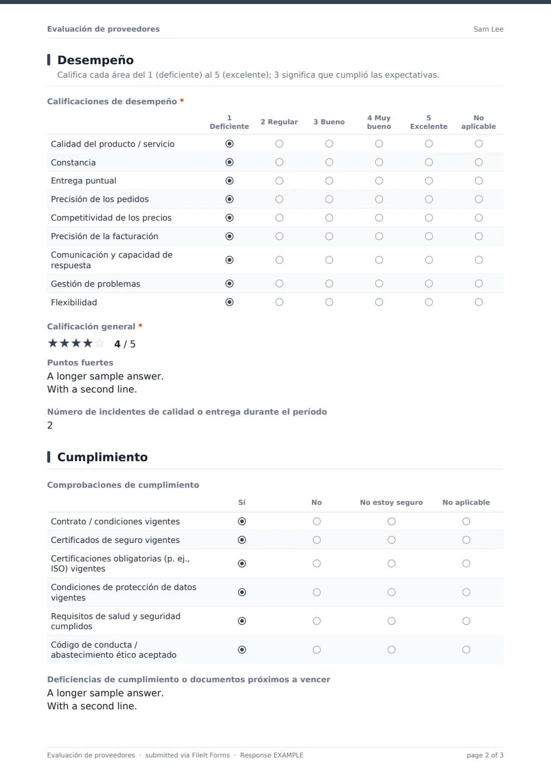 Evaluación de proveedores — PDF de respuesta de ejemplo, página 2 de 3