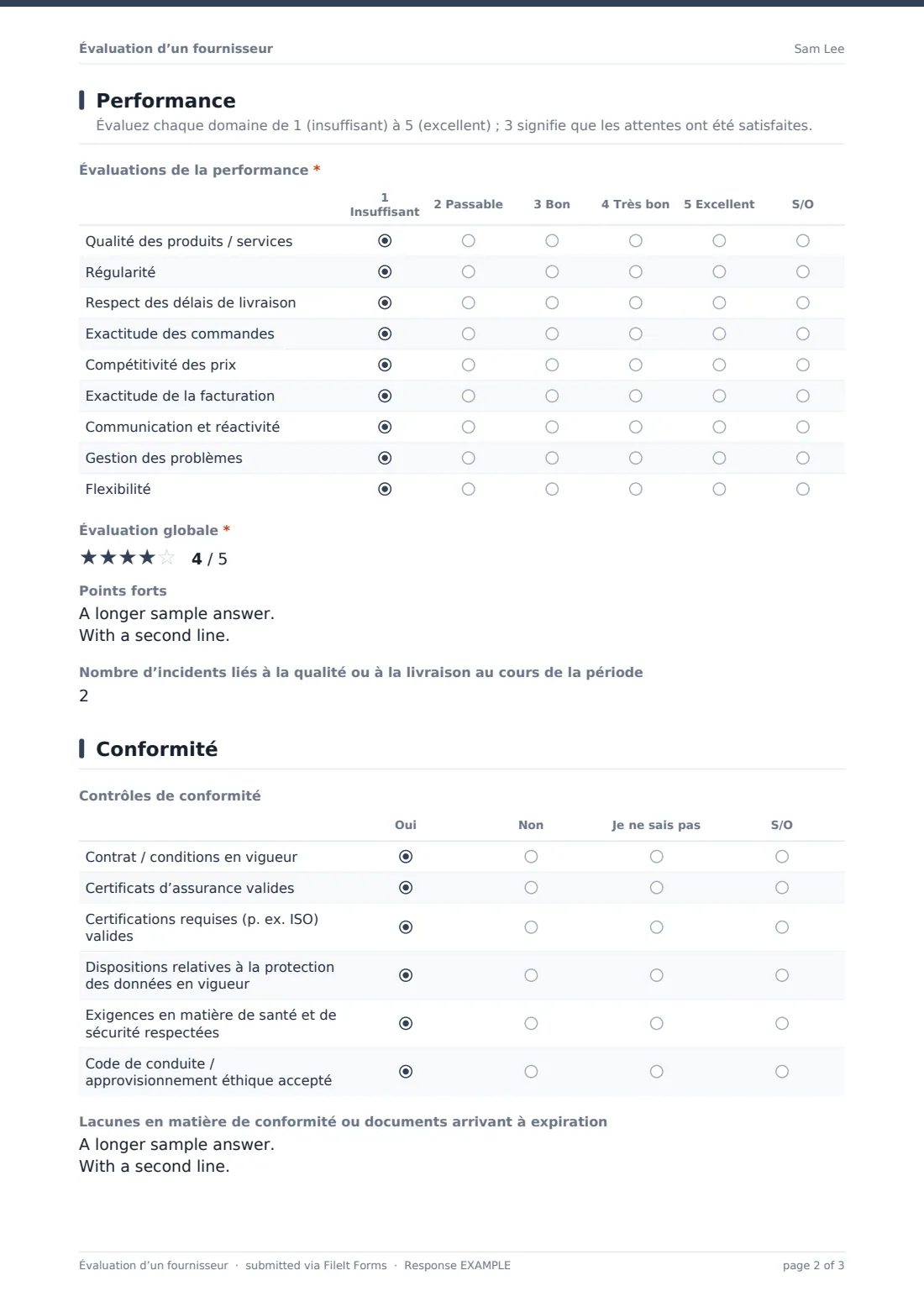 Évaluation d’un fournisseur — exemple de réponse au format PDF, page 2 sur 3