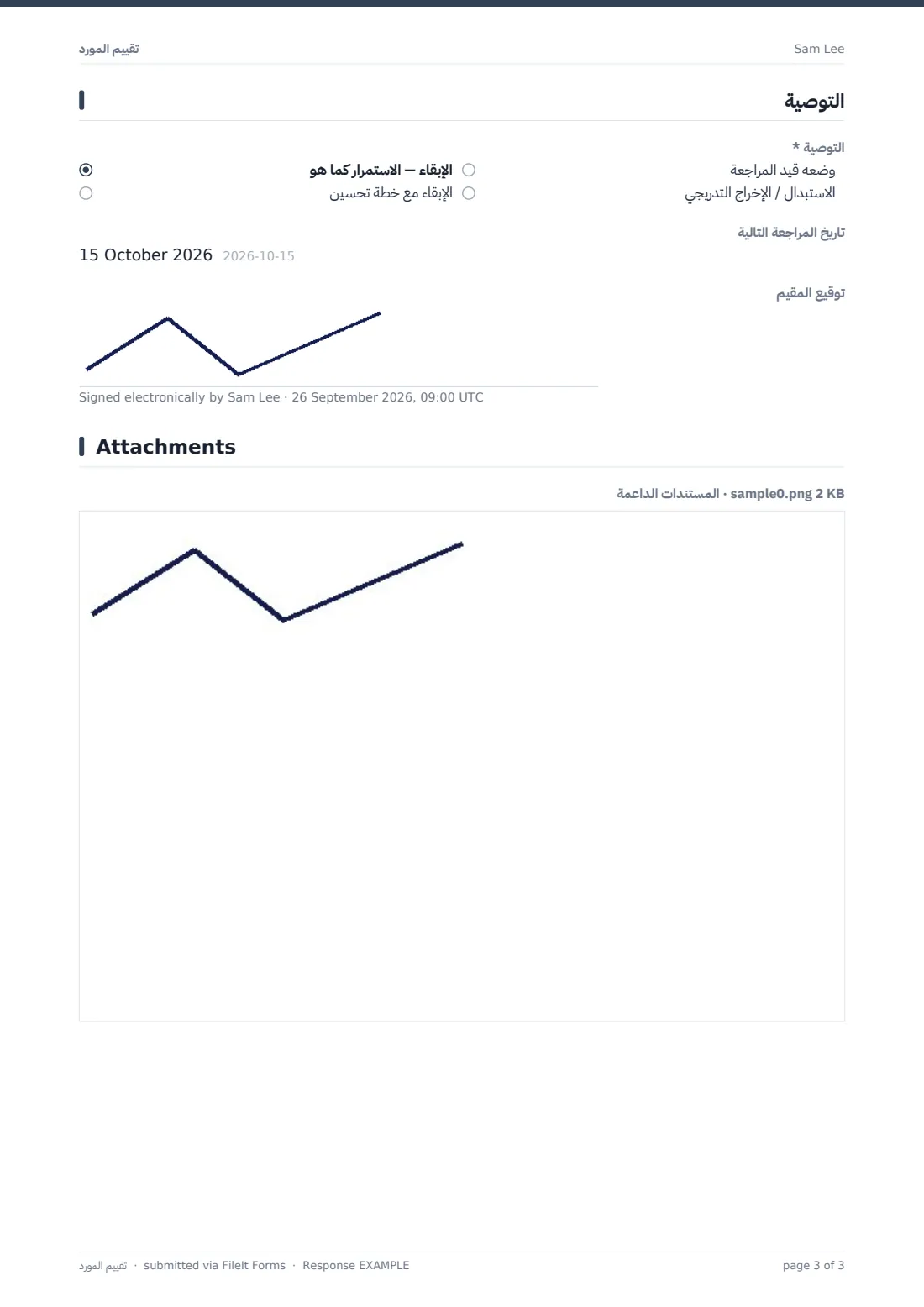 تقييم المورد — ملف PDF لرد نموذجي، الصفحة 3 من 3