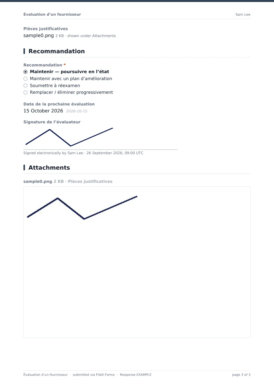 Évaluation d’un fournisseur — exemple de réponse au format PDF, page 3 sur 3