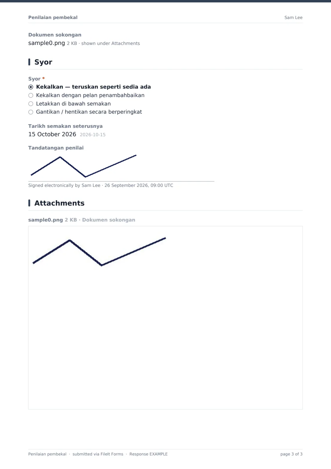 Penilaian pembekal — PDF respons contoh, halaman 3 daripada 3