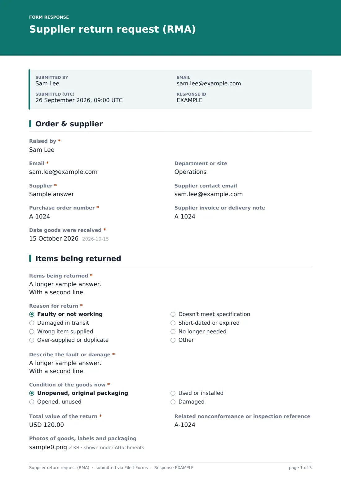 Supplier return request (RMA) — example response PDF, page 1 of 3