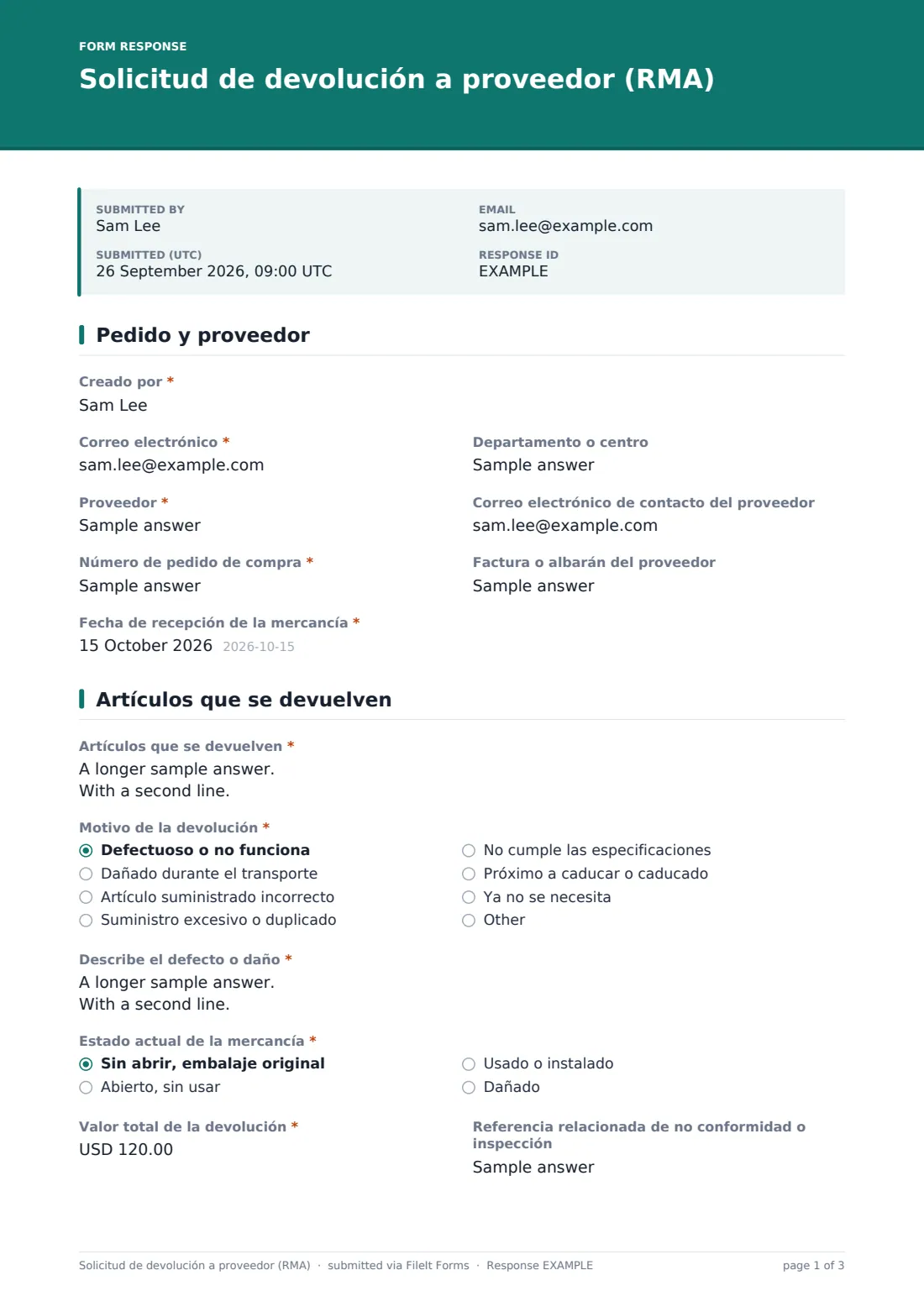 Solicitud de devolución a proveedor (RMA) — PDF de respuesta de ejemplo, página 1 de 3