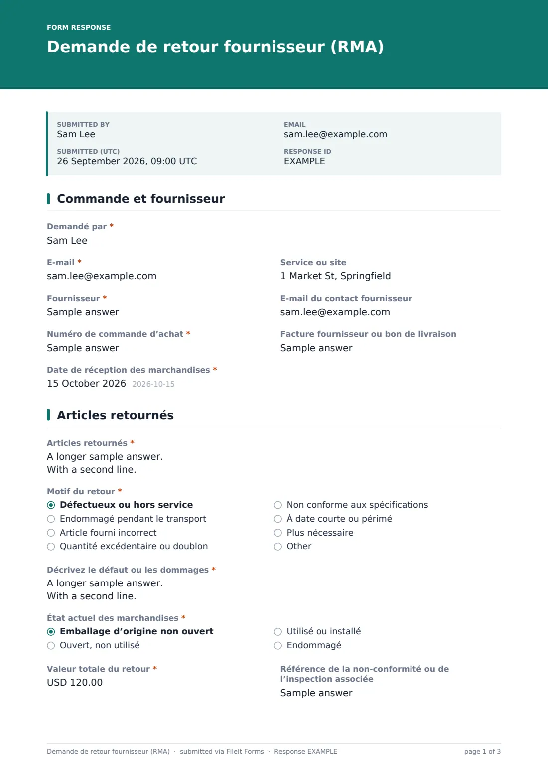 Demande de retour fournisseur (RMA) — exemple de réponse au format PDF, page 1 sur 3