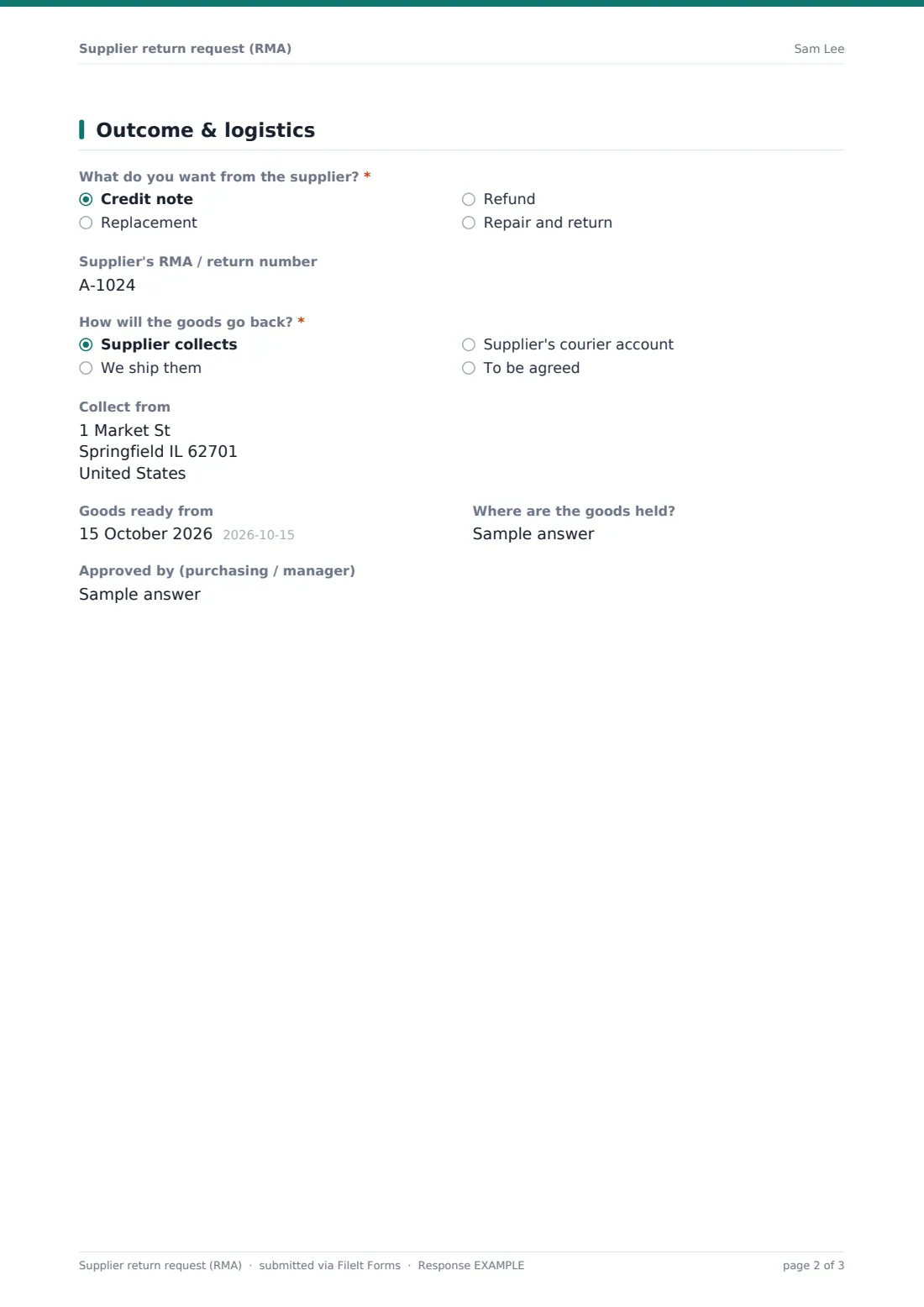 Supplier return request (RMA) — example response PDF, page 2 of 3