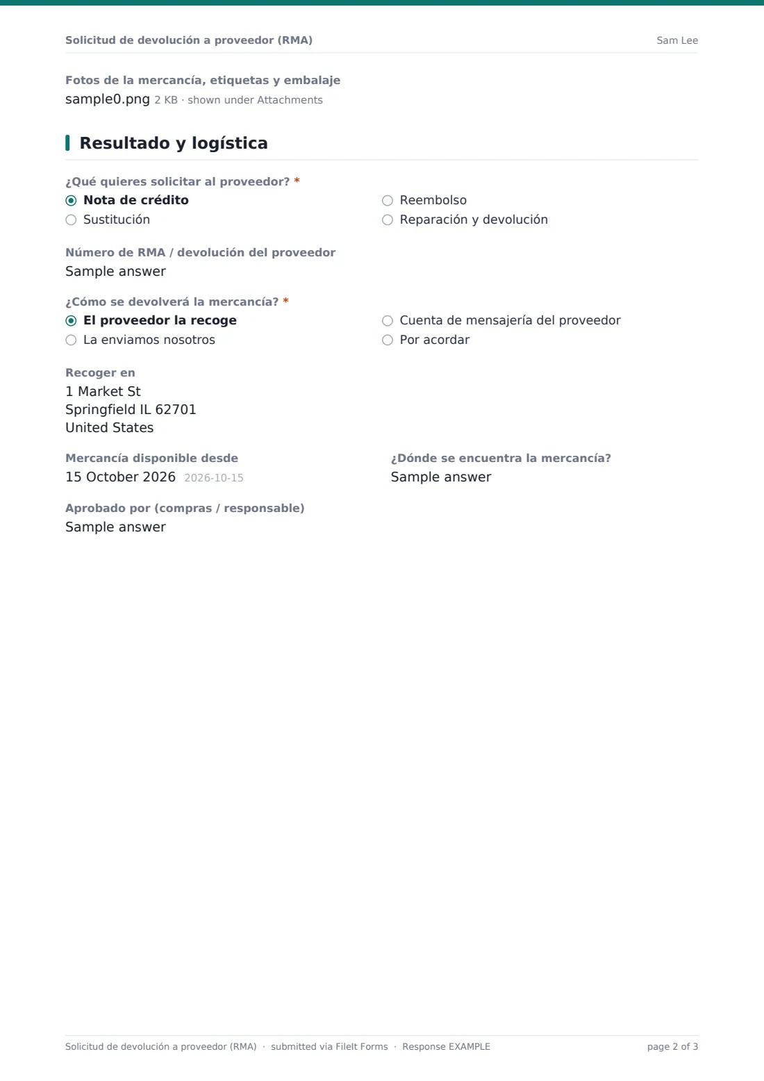 Solicitud de devolución a proveedor (RMA) — PDF de respuesta de ejemplo, página 2 de 3
