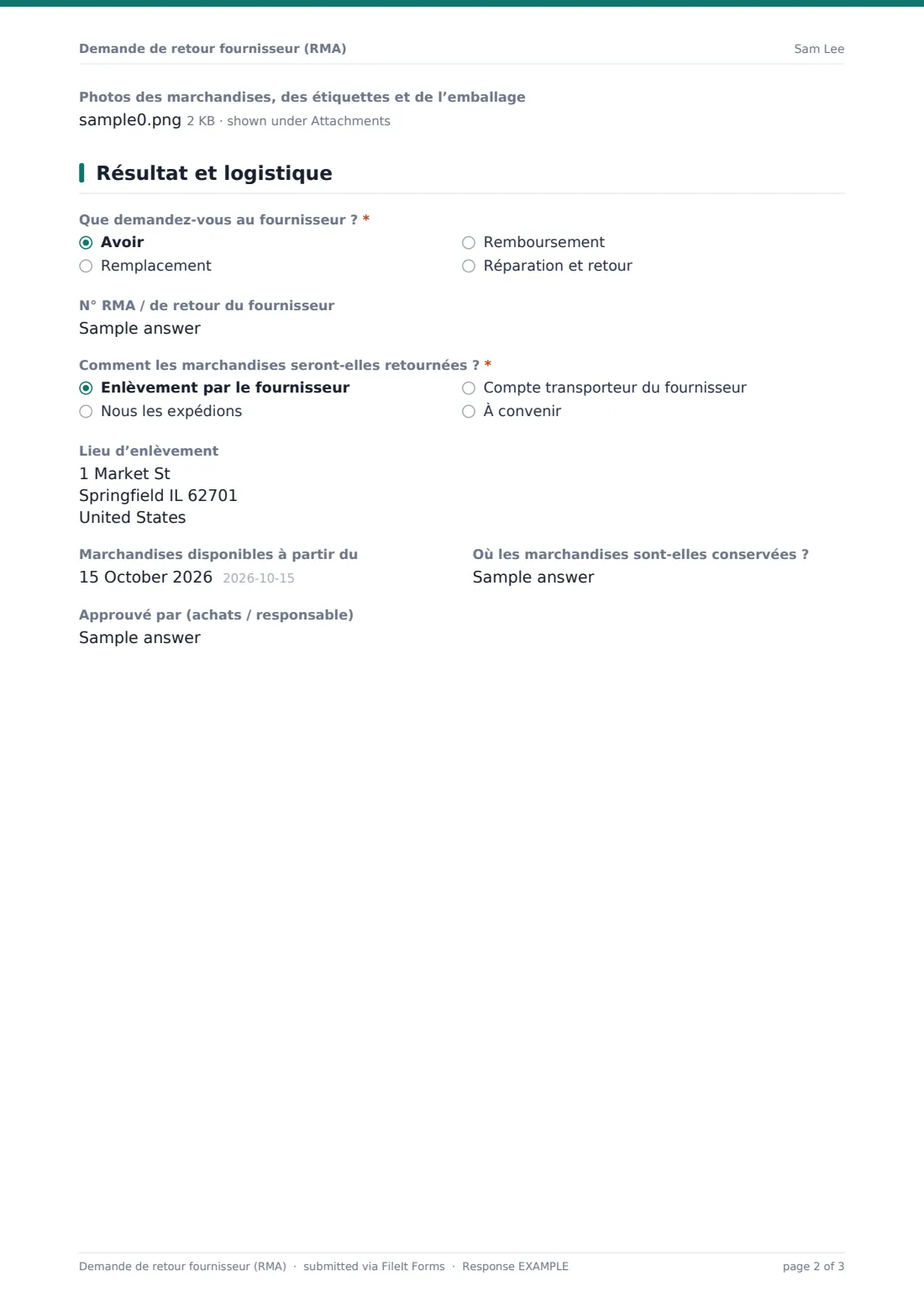 Demande de retour fournisseur (RMA) — exemple de réponse au format PDF, page 2 sur 3