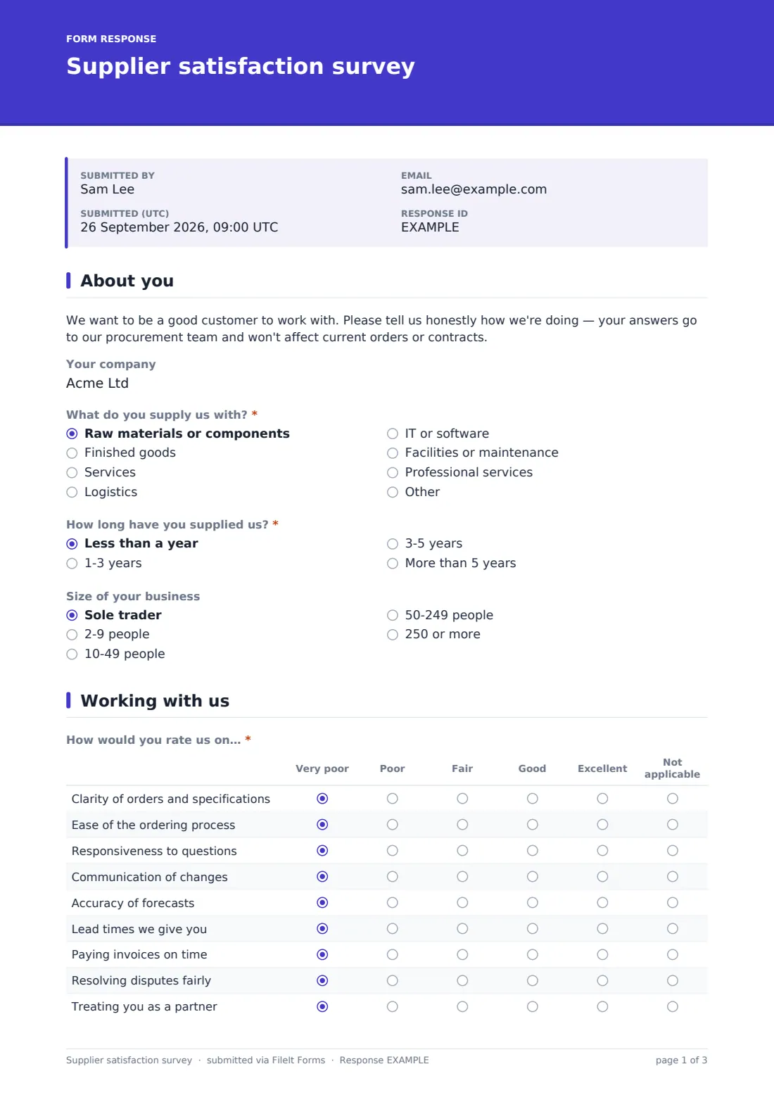 Supplier satisfaction survey — example response PDF, page 1 of 3