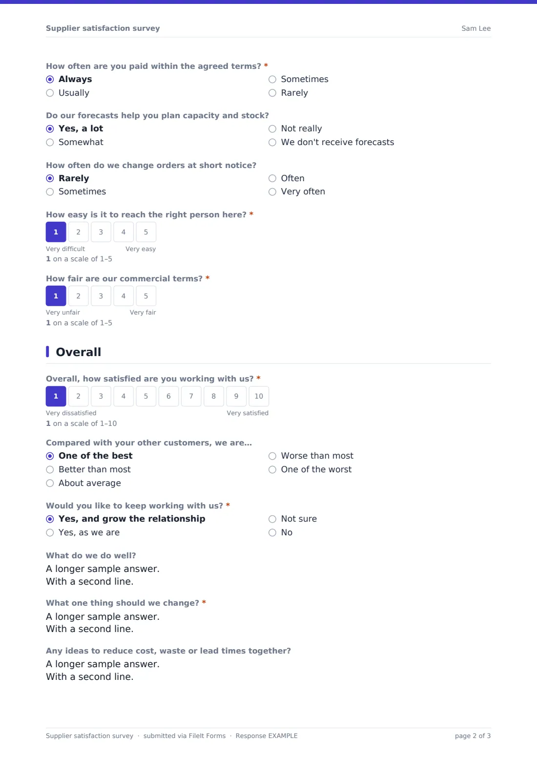 Supplier satisfaction survey — example response PDF, page 2 of 3