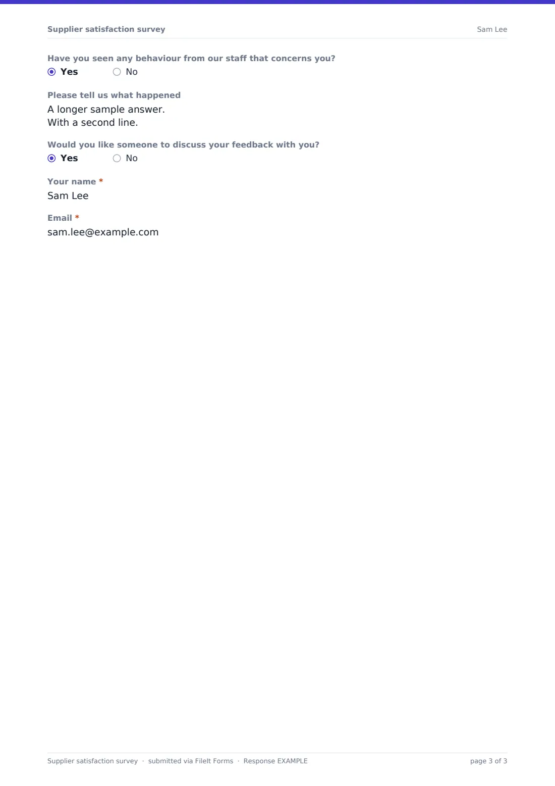 Supplier satisfaction survey — example response PDF, page 3 of 3