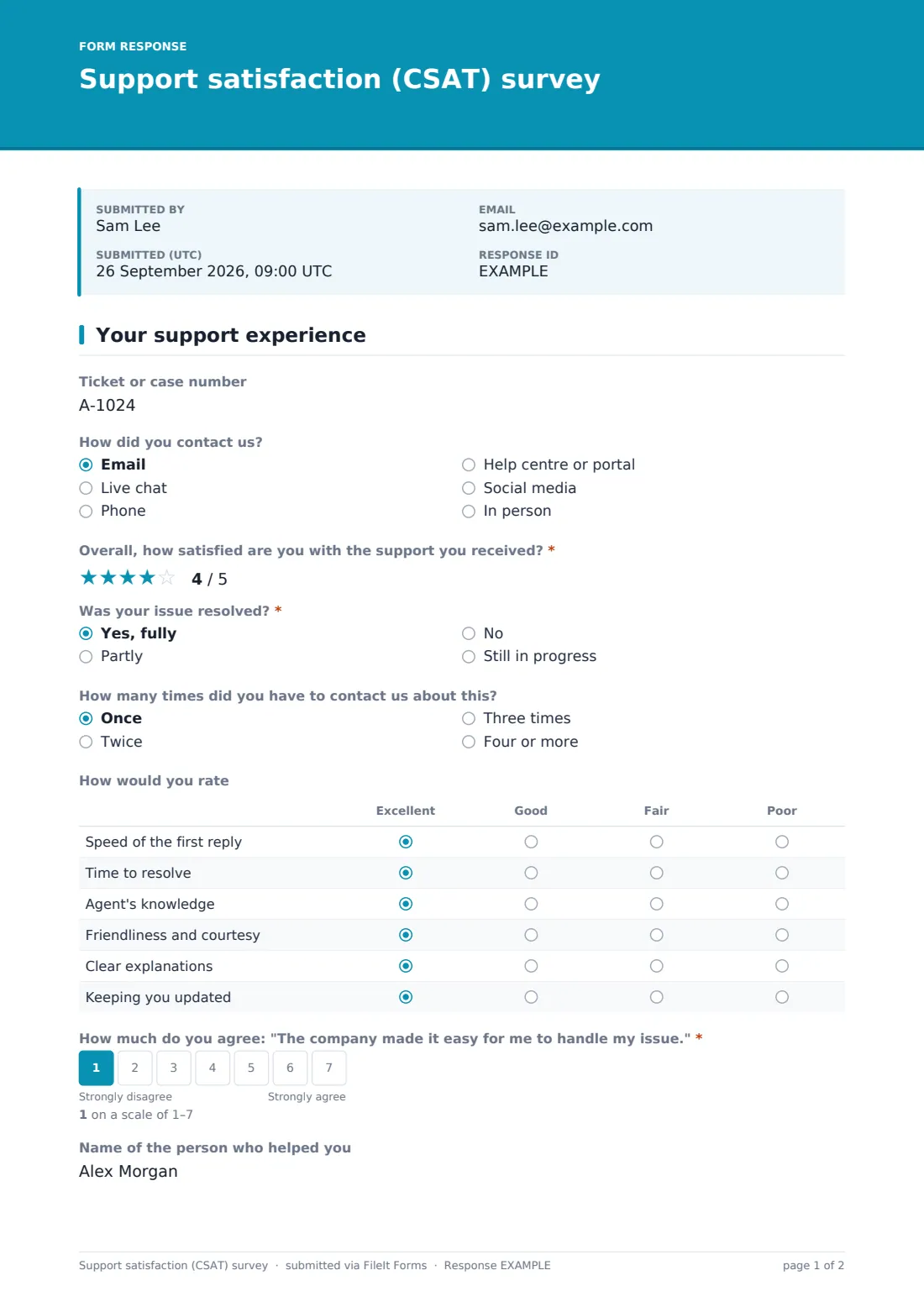 Support satisfaction (CSAT) survey — example response PDF, page 1 of 2