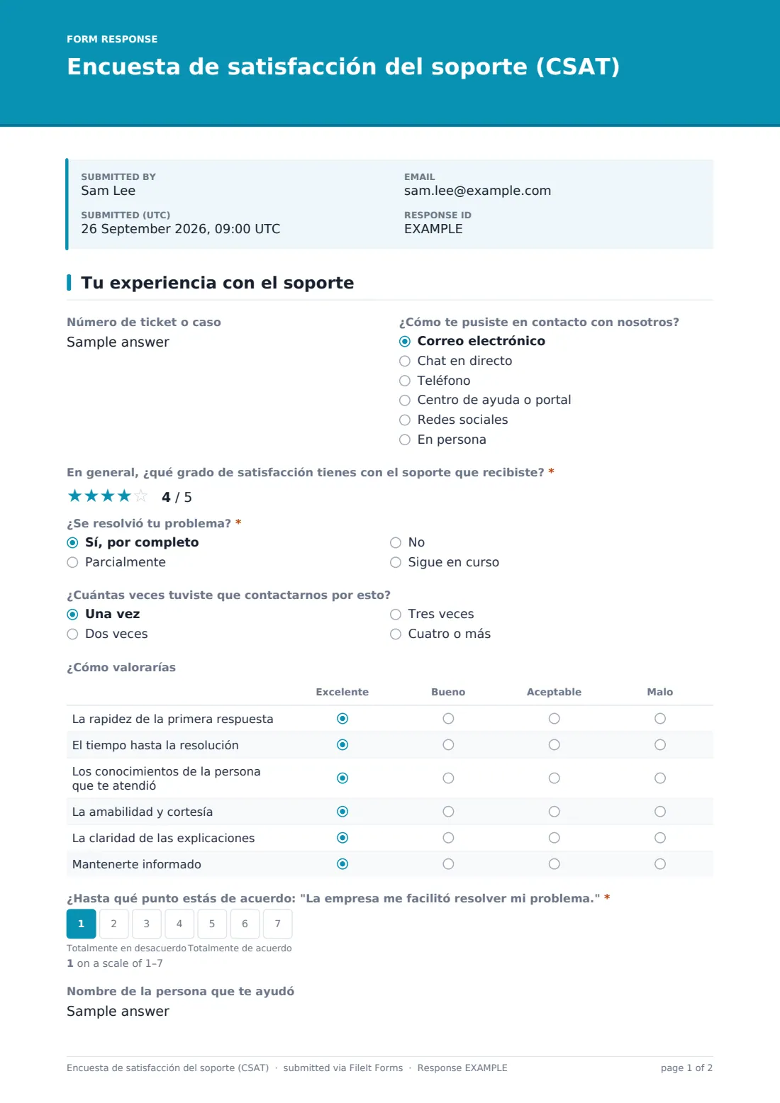 Encuesta de satisfacción del soporte (CSAT) — PDF de respuesta de ejemplo, página 1 de 2