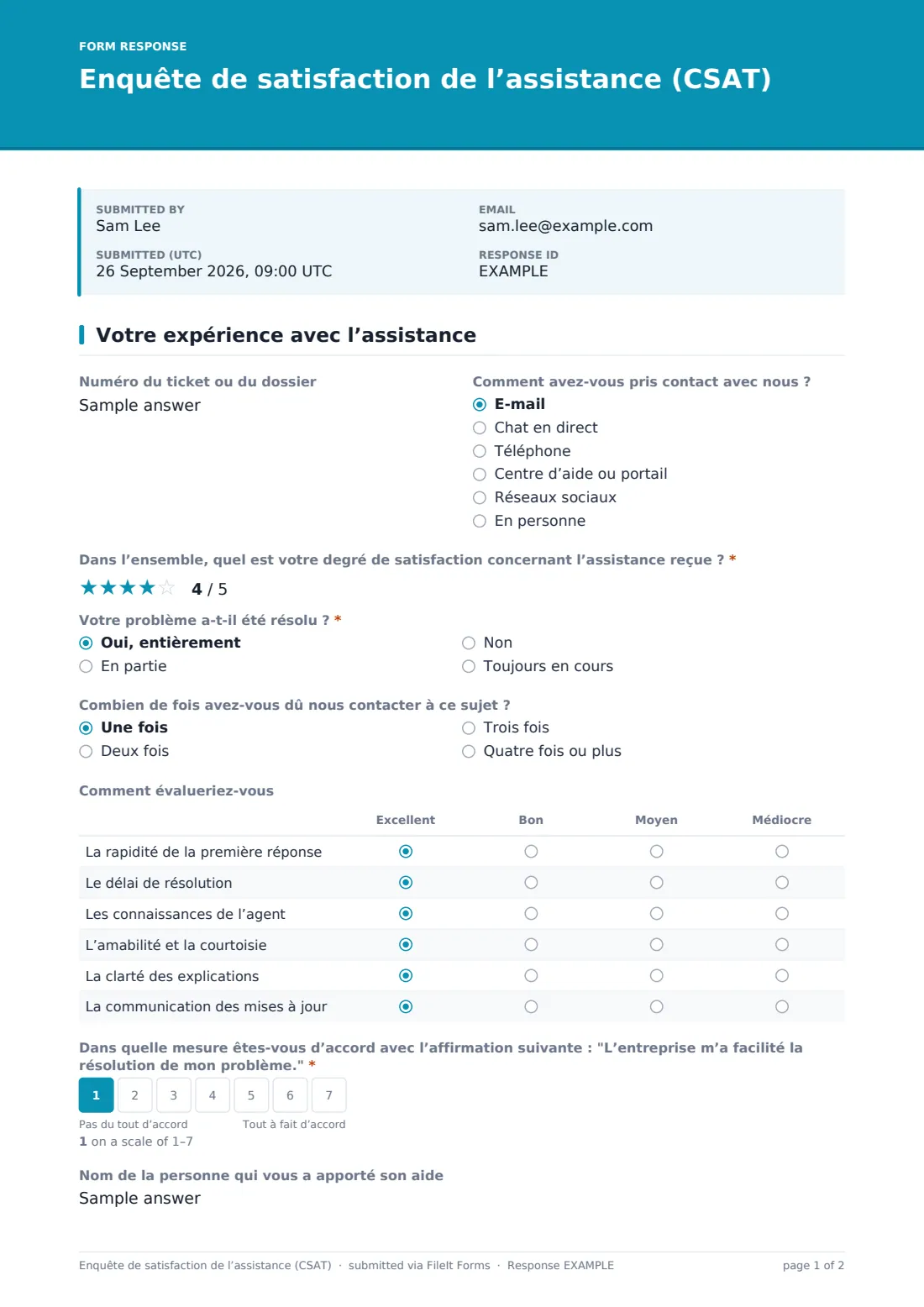 Enquête de satisfaction de l’assistance (CSAT) — exemple de réponse au format PDF, page 1 sur 2