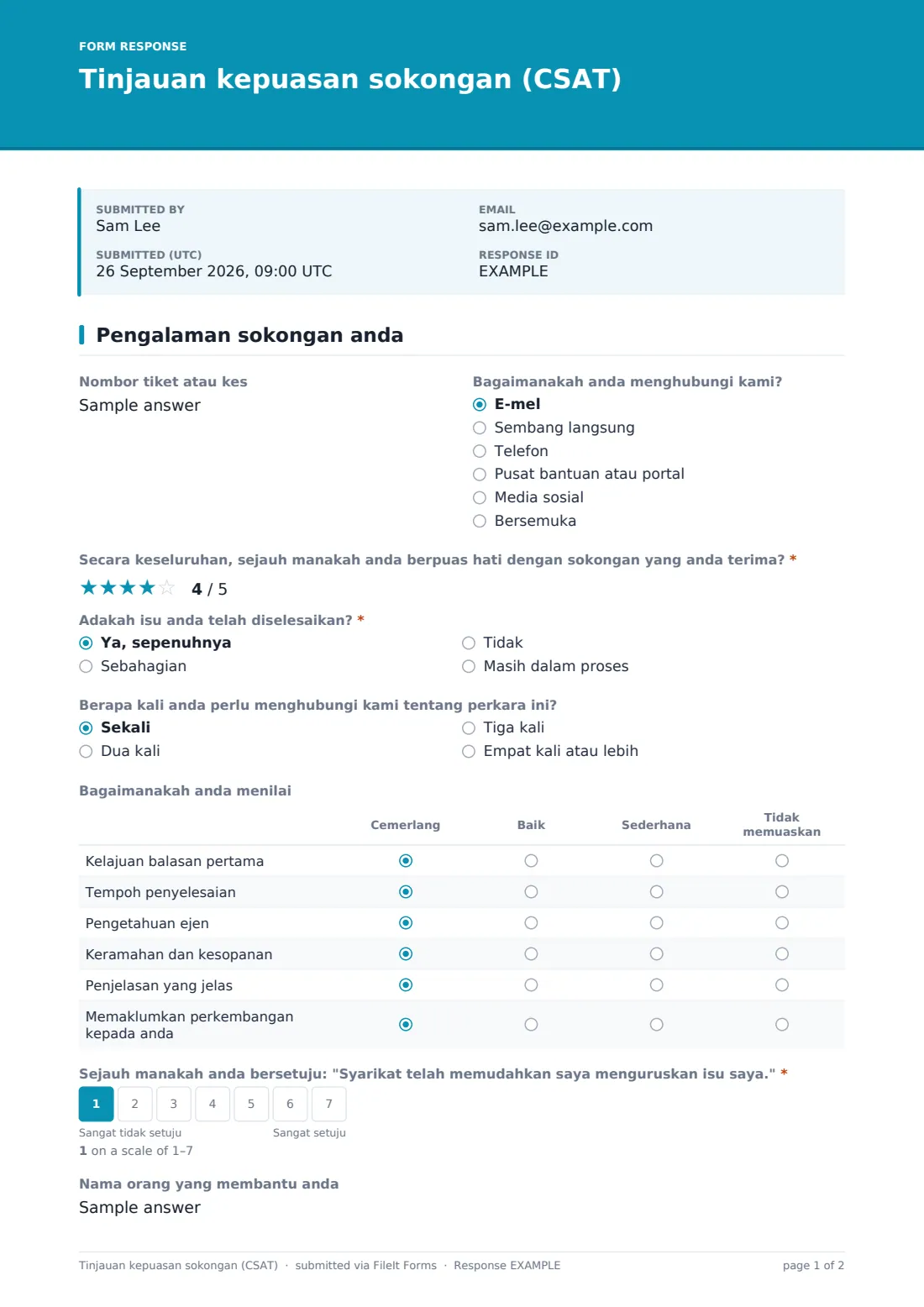 Tinjauan kepuasan sokongan (CSAT) — PDF respons contoh, halaman 1 daripada 2