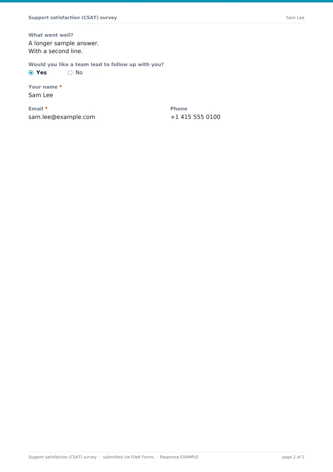 Support satisfaction (CSAT) survey — example response PDF, page 2 of 2
