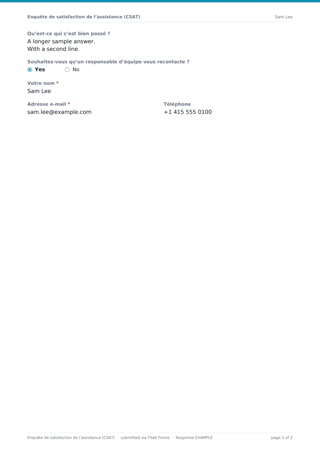 Enquête de satisfaction de l’assistance (CSAT) — exemple de réponse au format PDF, page 2 sur 2