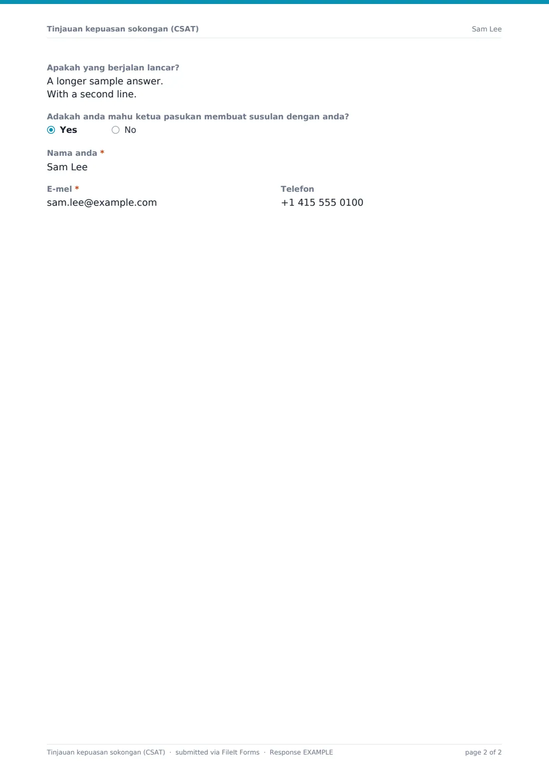 Tinjauan kepuasan sokongan (CSAT) — PDF respons contoh, halaman 2 daripada 2