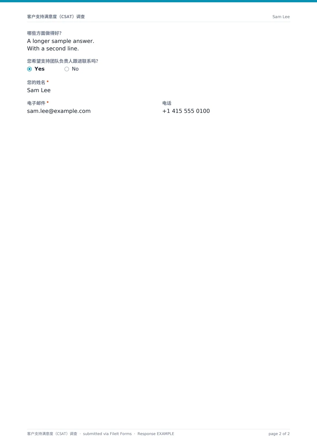 客户支持满意度（CSAT）调查 — 示例回复 PDF，第 2 页，共 2 页