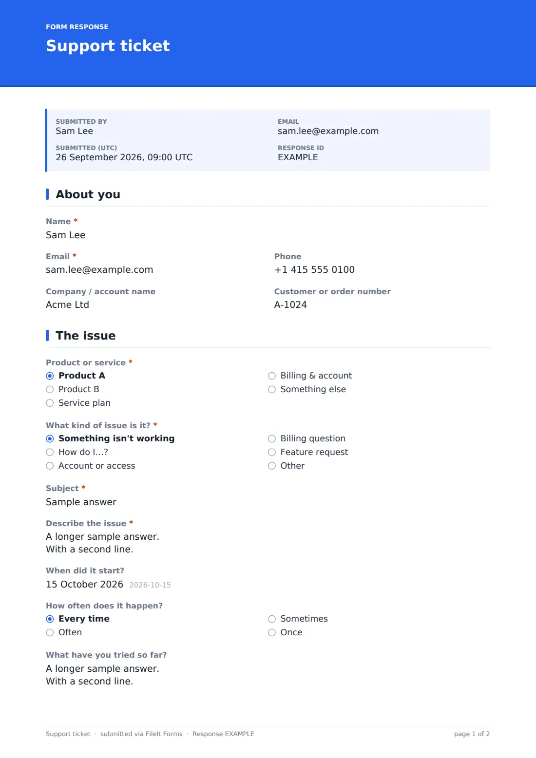 Support ticket — example response PDF, page 1 of 2