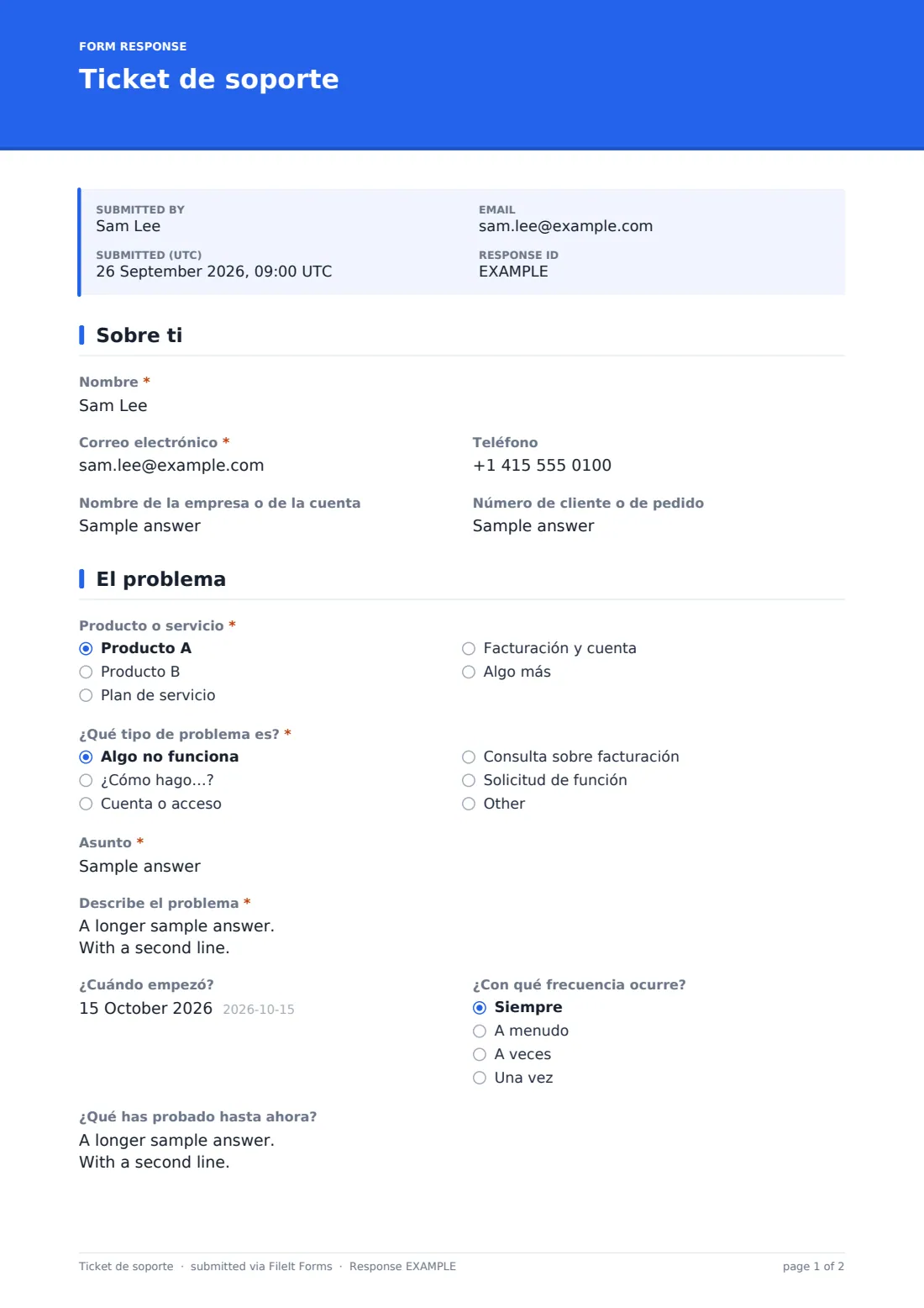 Ticket de soporte — PDF de respuesta de ejemplo, página 1 de 2