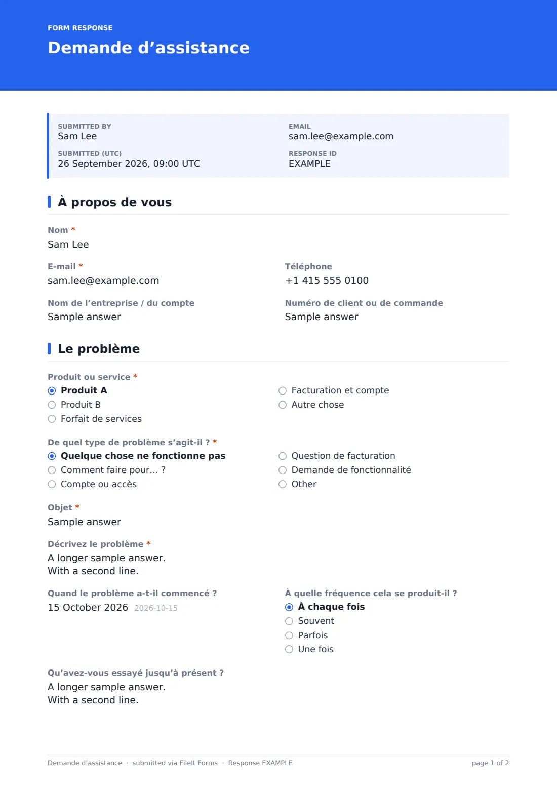 Demande d’assistance — exemple de réponse au format PDF, page 1 sur 2