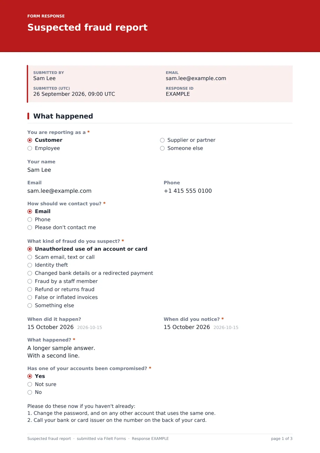 Suspected fraud report — example response PDF, page 1 of 3