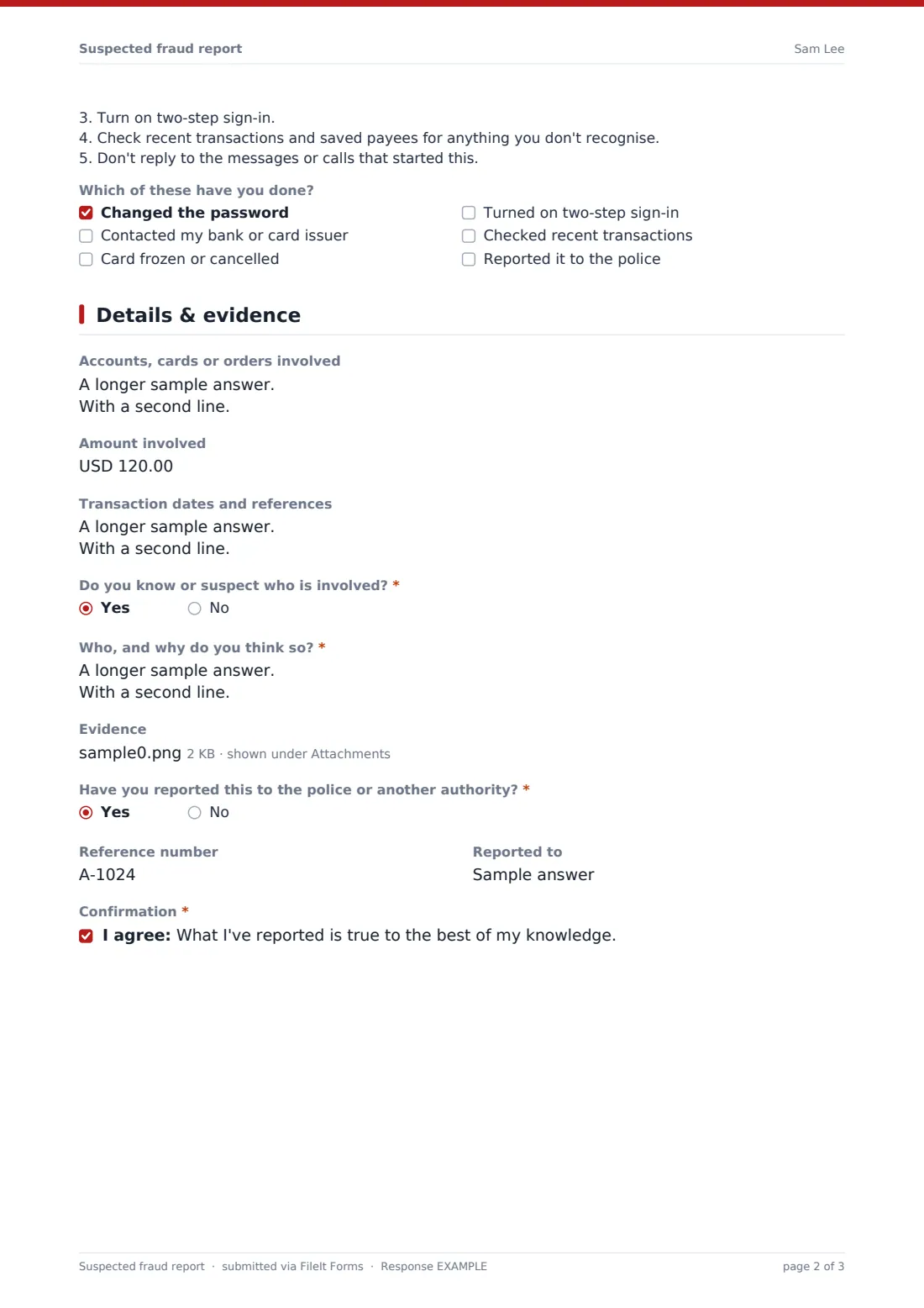 Suspected fraud report — example response PDF, page 2 of 3