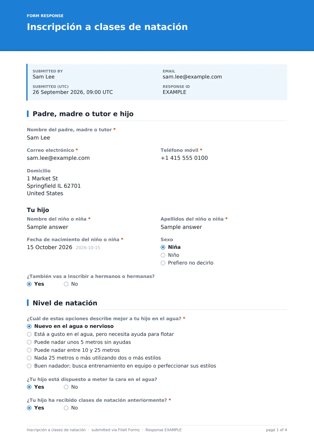 Inscripción a clases de natación — PDF de respuesta de ejemplo, página 1 de 4