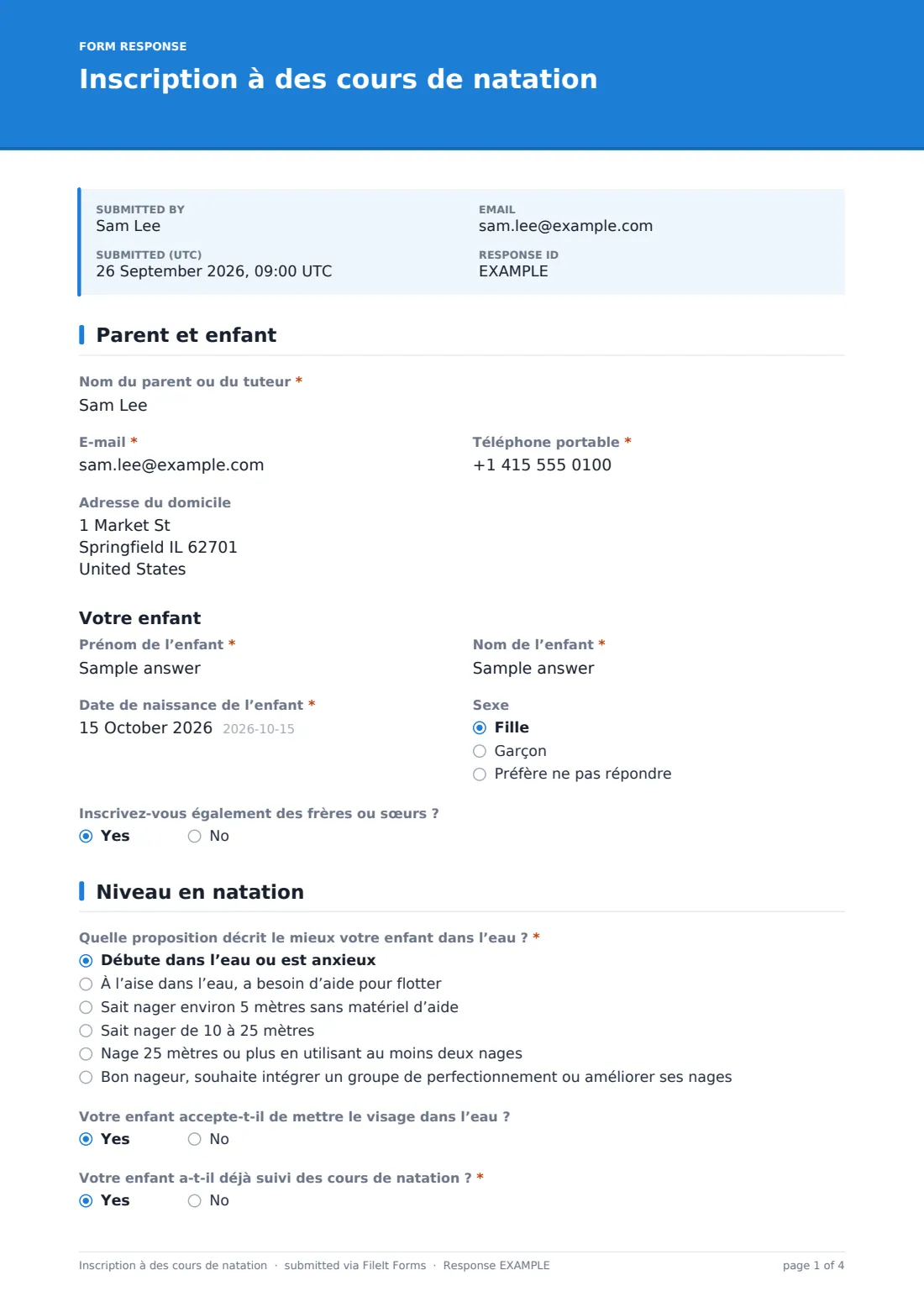 Inscription à des cours de natation — exemple de réponse au format PDF, page 1 sur 4