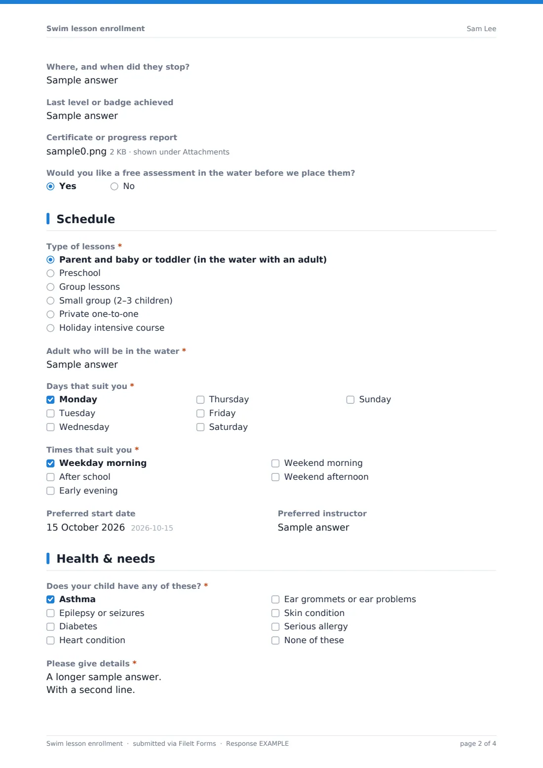 Swim lesson enrollment — example response PDF, page 2 of 4