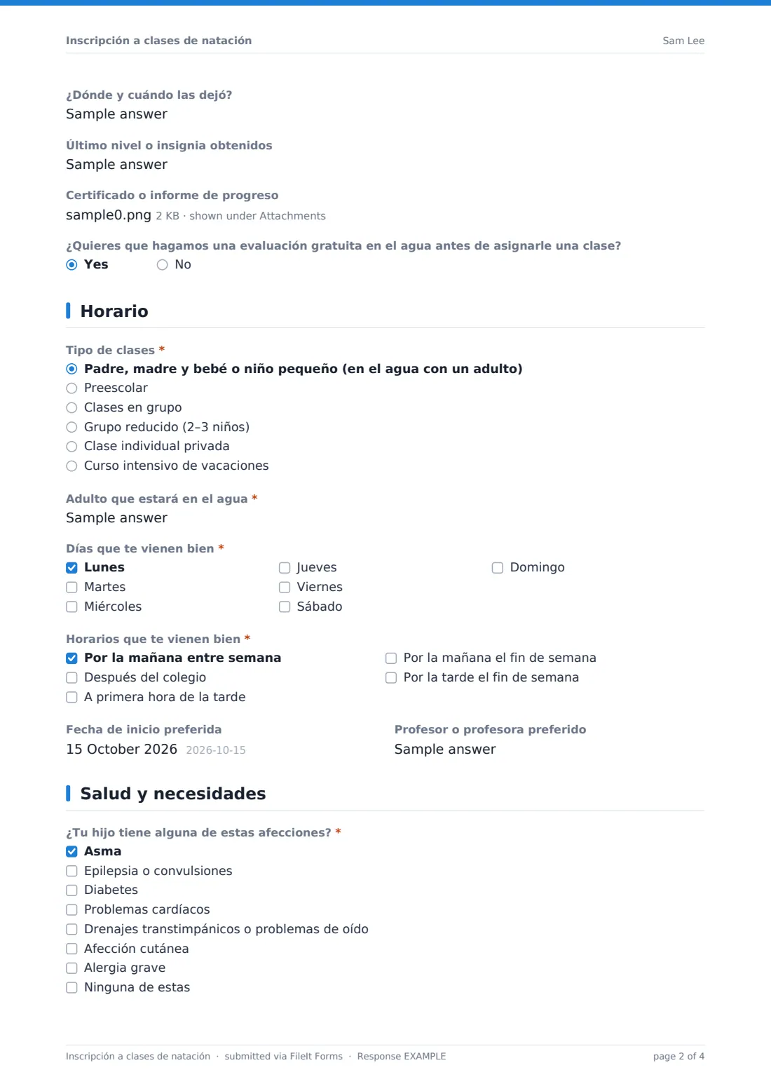 Inscripción a clases de natación — PDF de respuesta de ejemplo, página 2 de 4