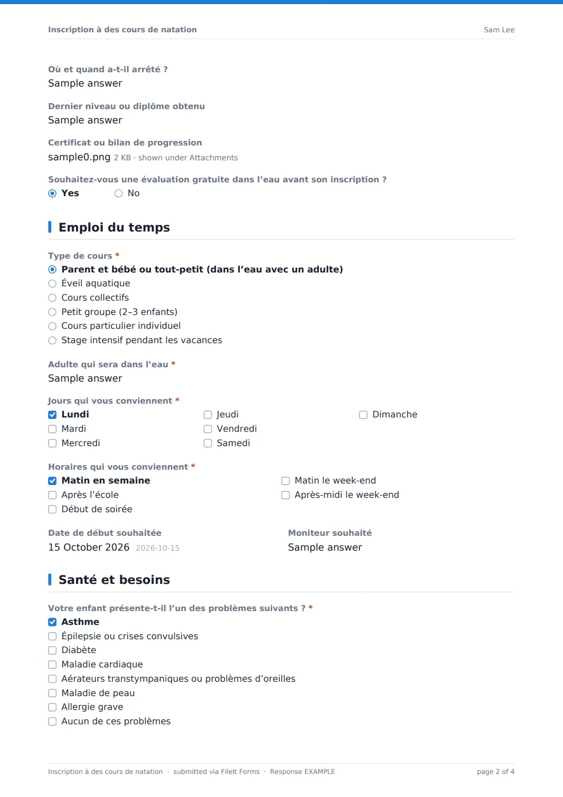 Inscription à des cours de natation — exemple de réponse au format PDF, page 2 sur 4
