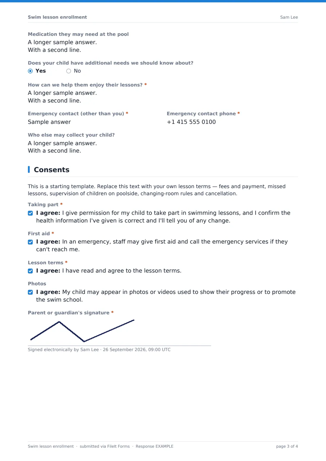 Swim lesson enrollment — example response PDF, page 3 of 4