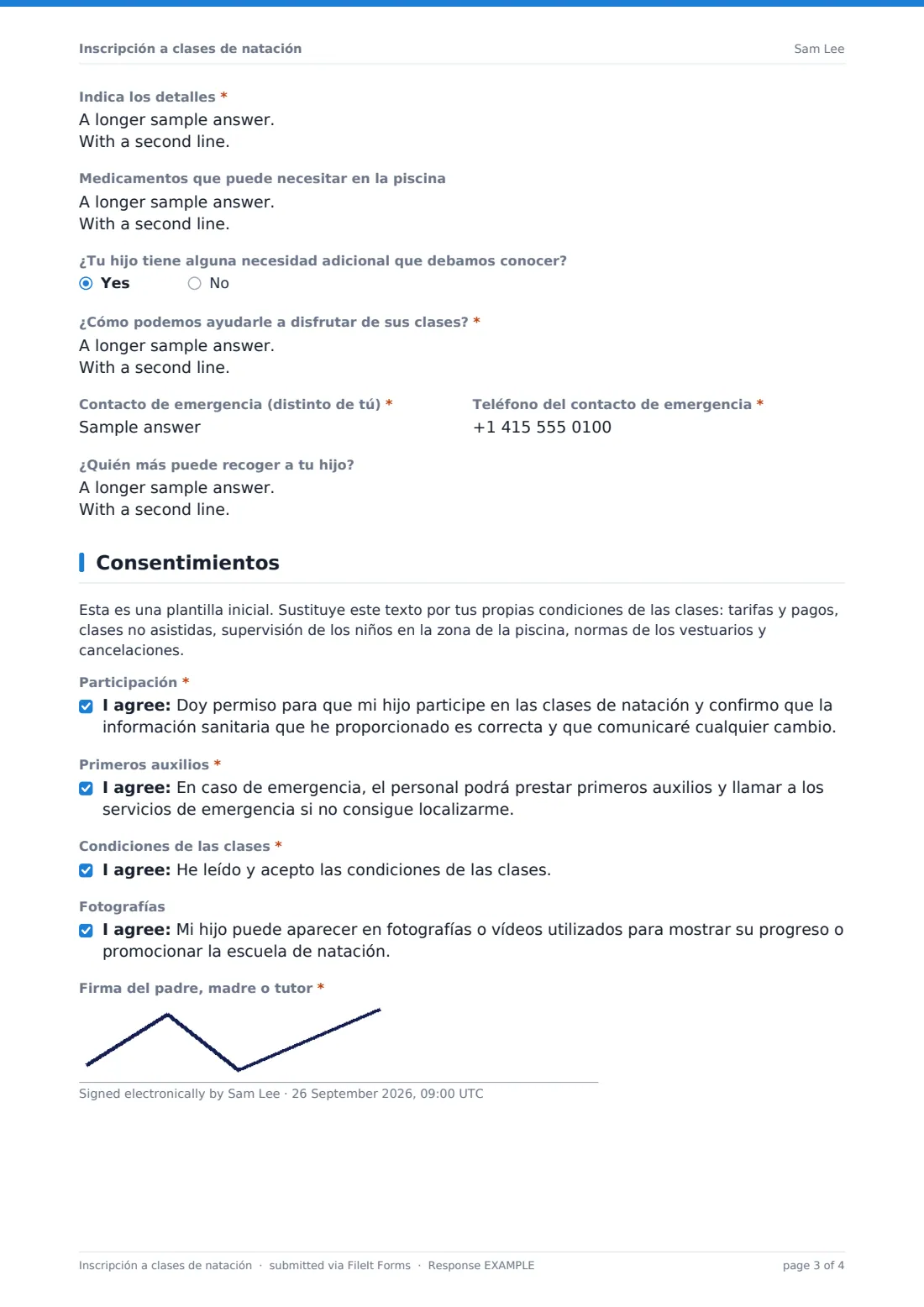 Inscripción a clases de natación — PDF de respuesta de ejemplo, página 3 de 4
