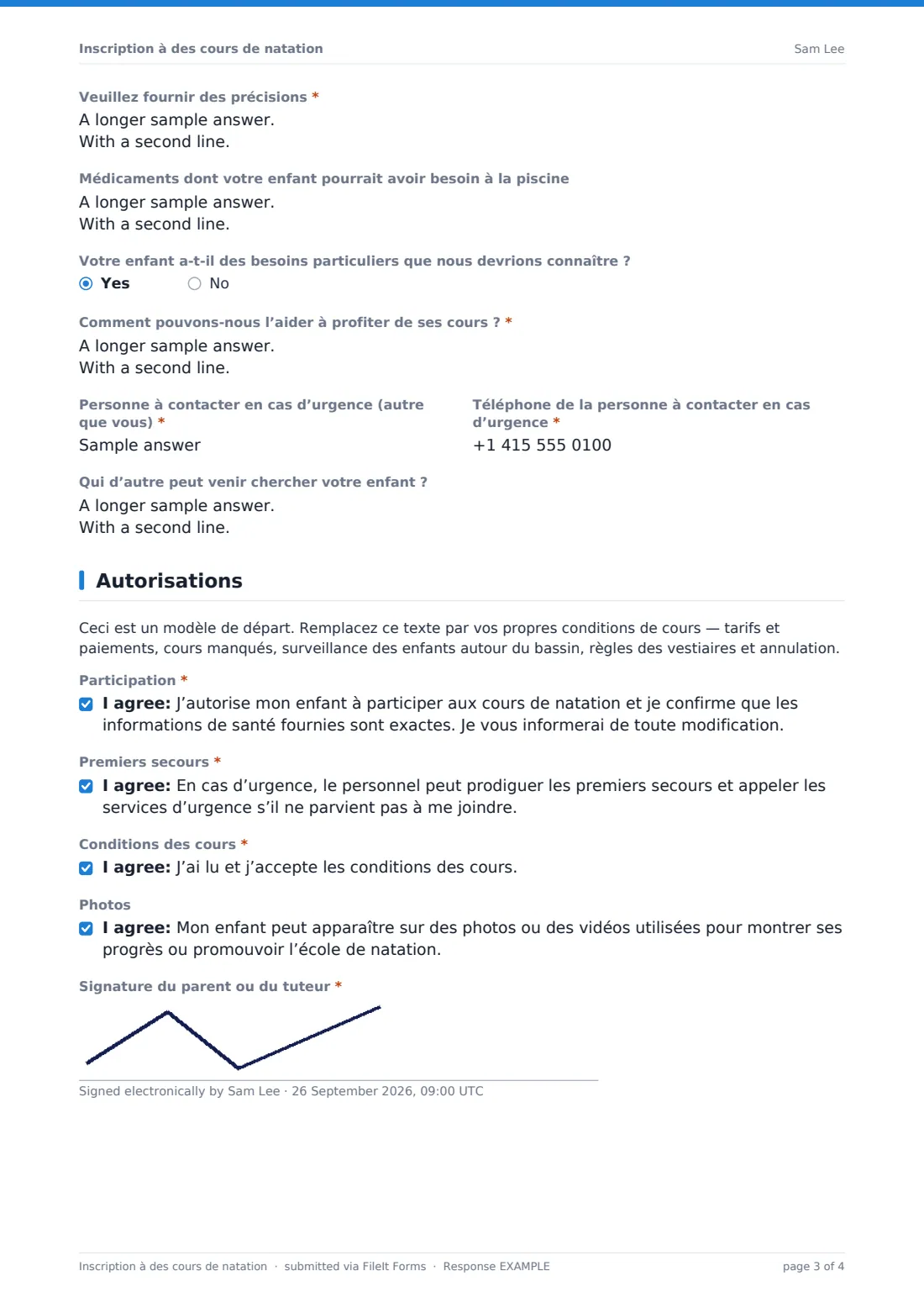 Inscription à des cours de natation — exemple de réponse au format PDF, page 3 sur 4