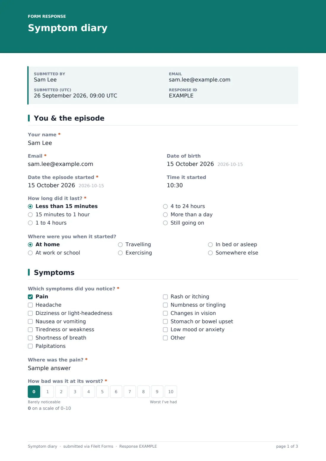 Symptom diary — example response PDF, page 1 of 3