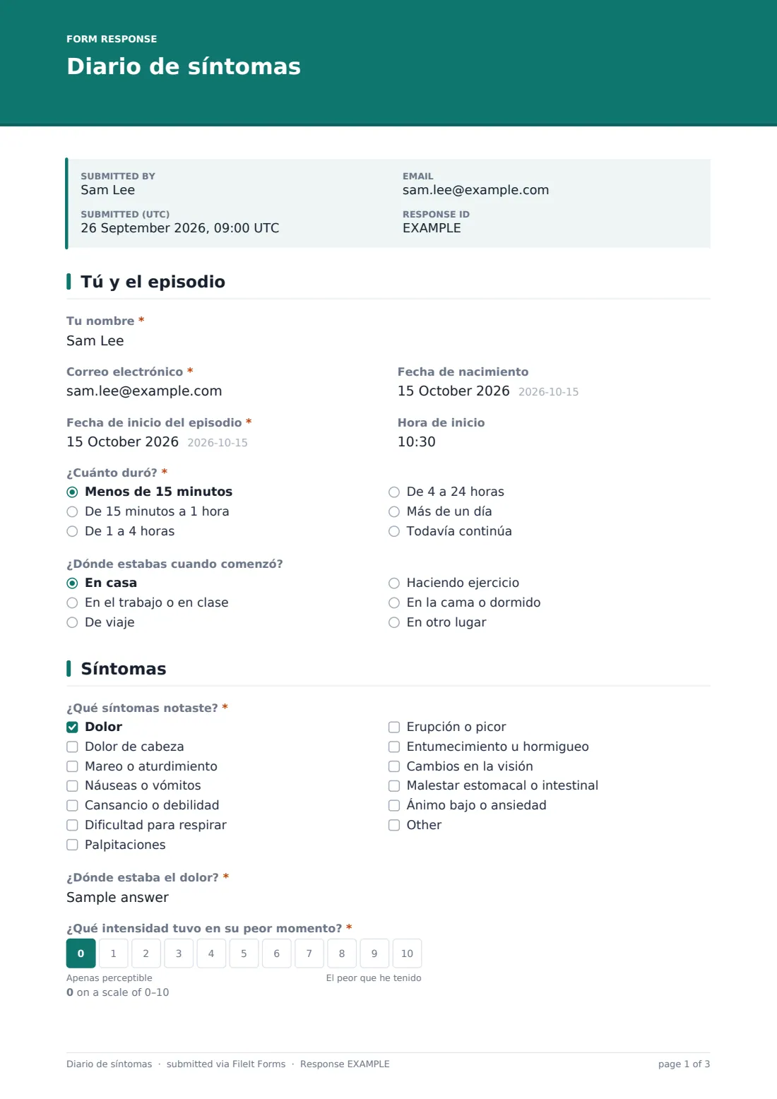 Diario de síntomas — PDF de respuesta de ejemplo, página 1 de 3