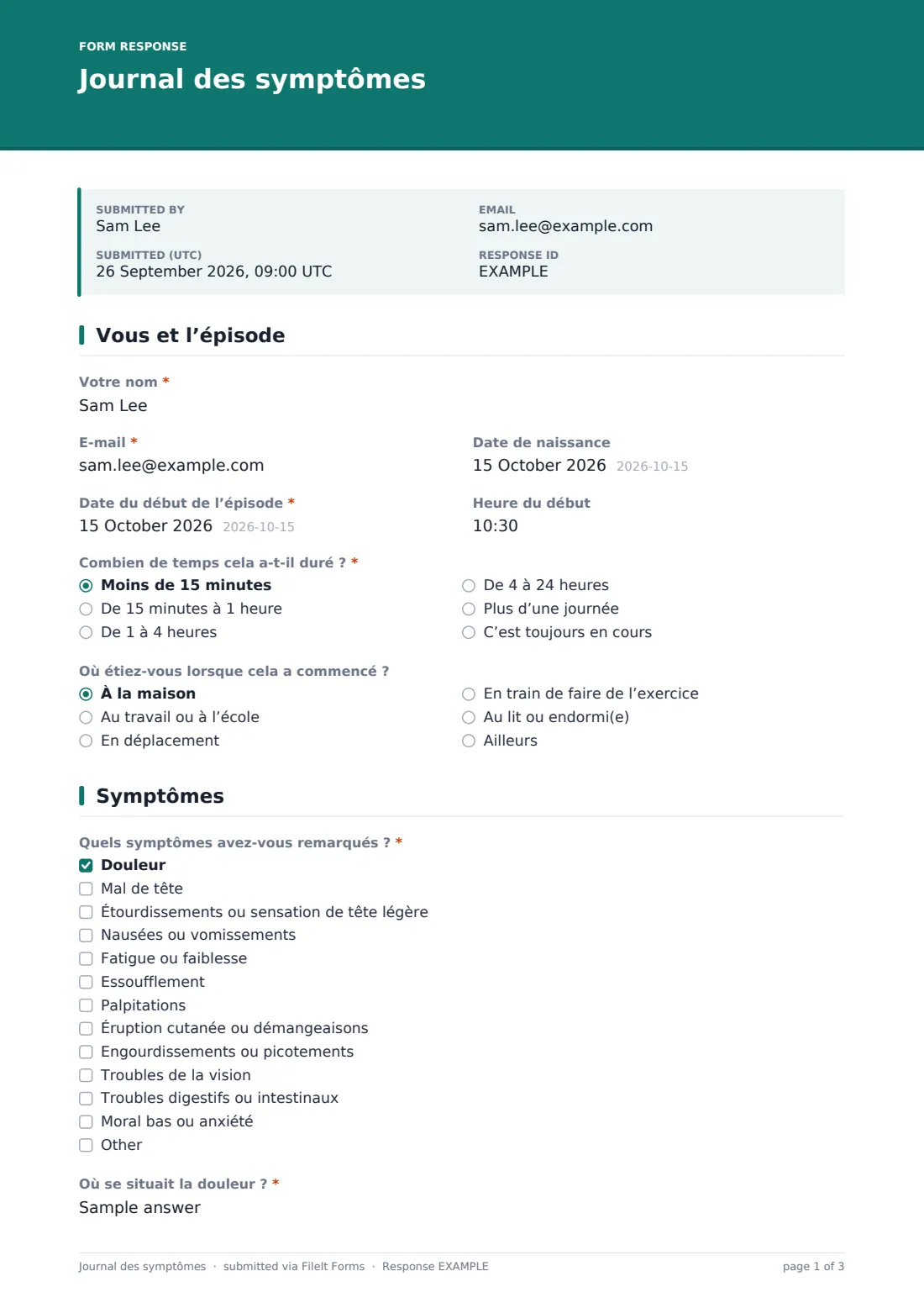 Journal des symptômes — exemple de réponse au format PDF, page 1 sur 3
