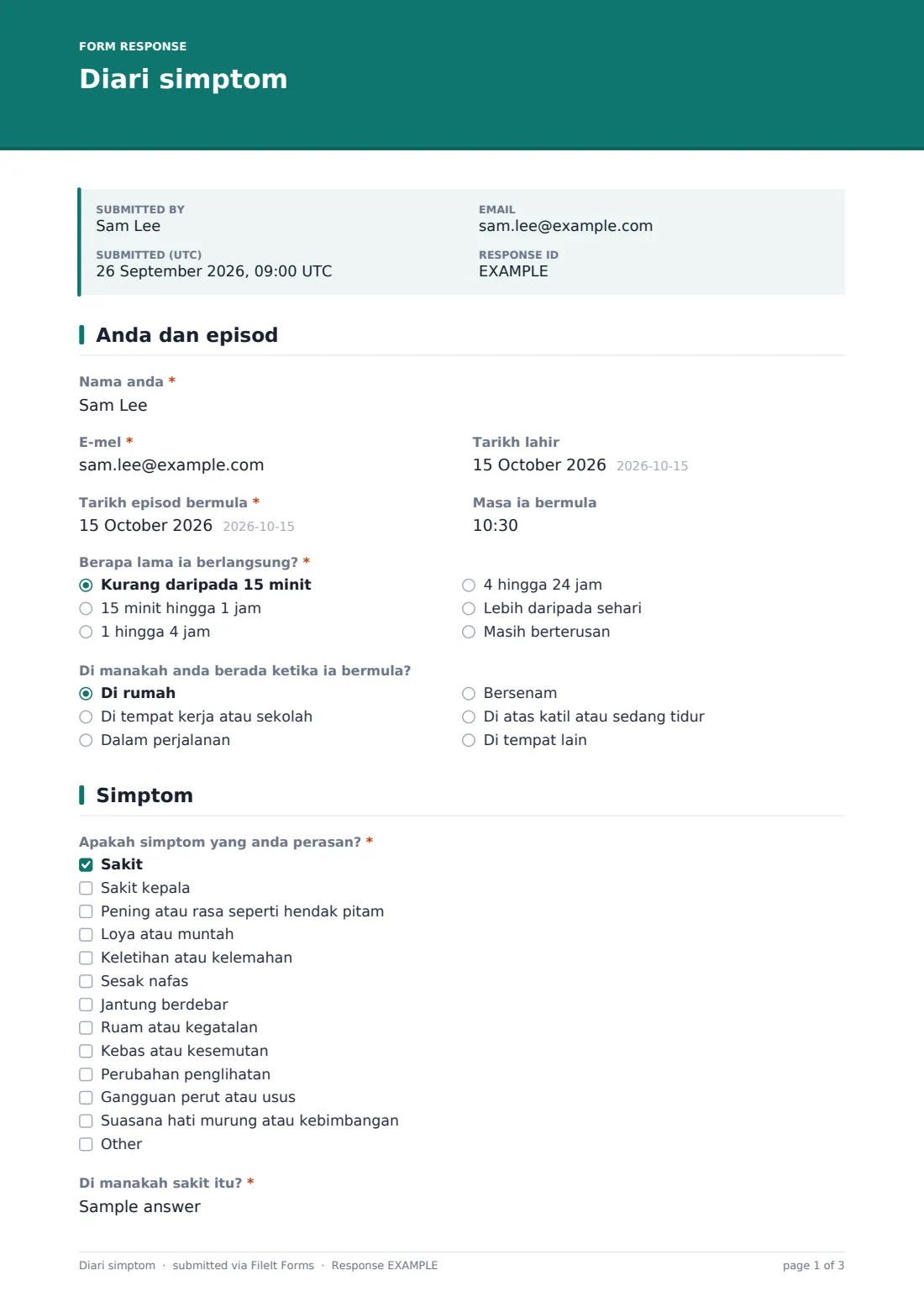 Diari simptom — PDF respons contoh, halaman 1 daripada 3