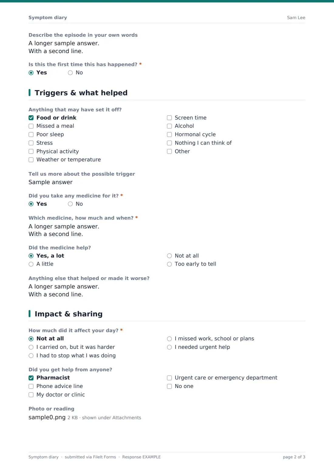 Symptom diary — example response PDF, page 2 of 3
