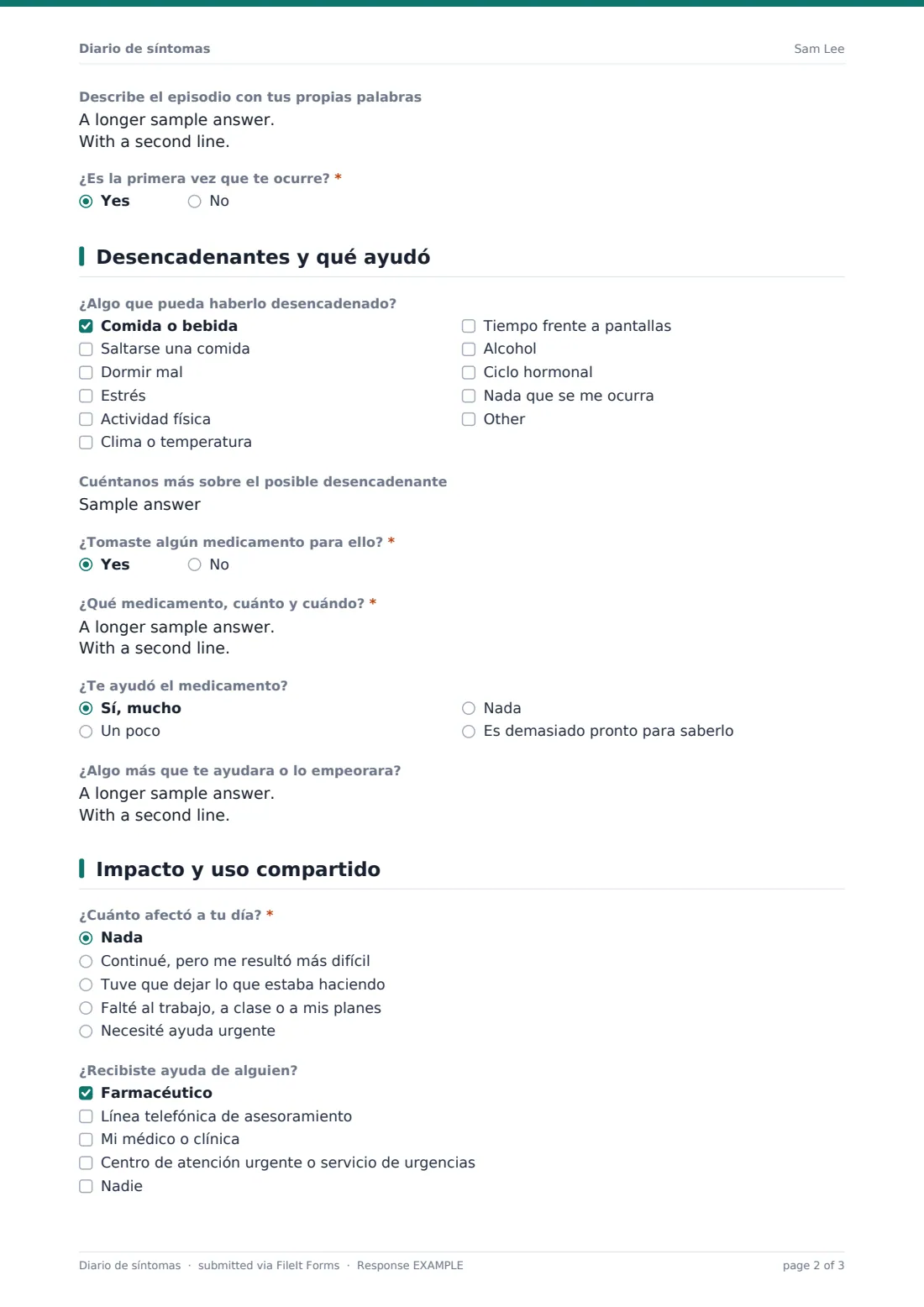 Diario de síntomas — PDF de respuesta de ejemplo, página 2 de 3