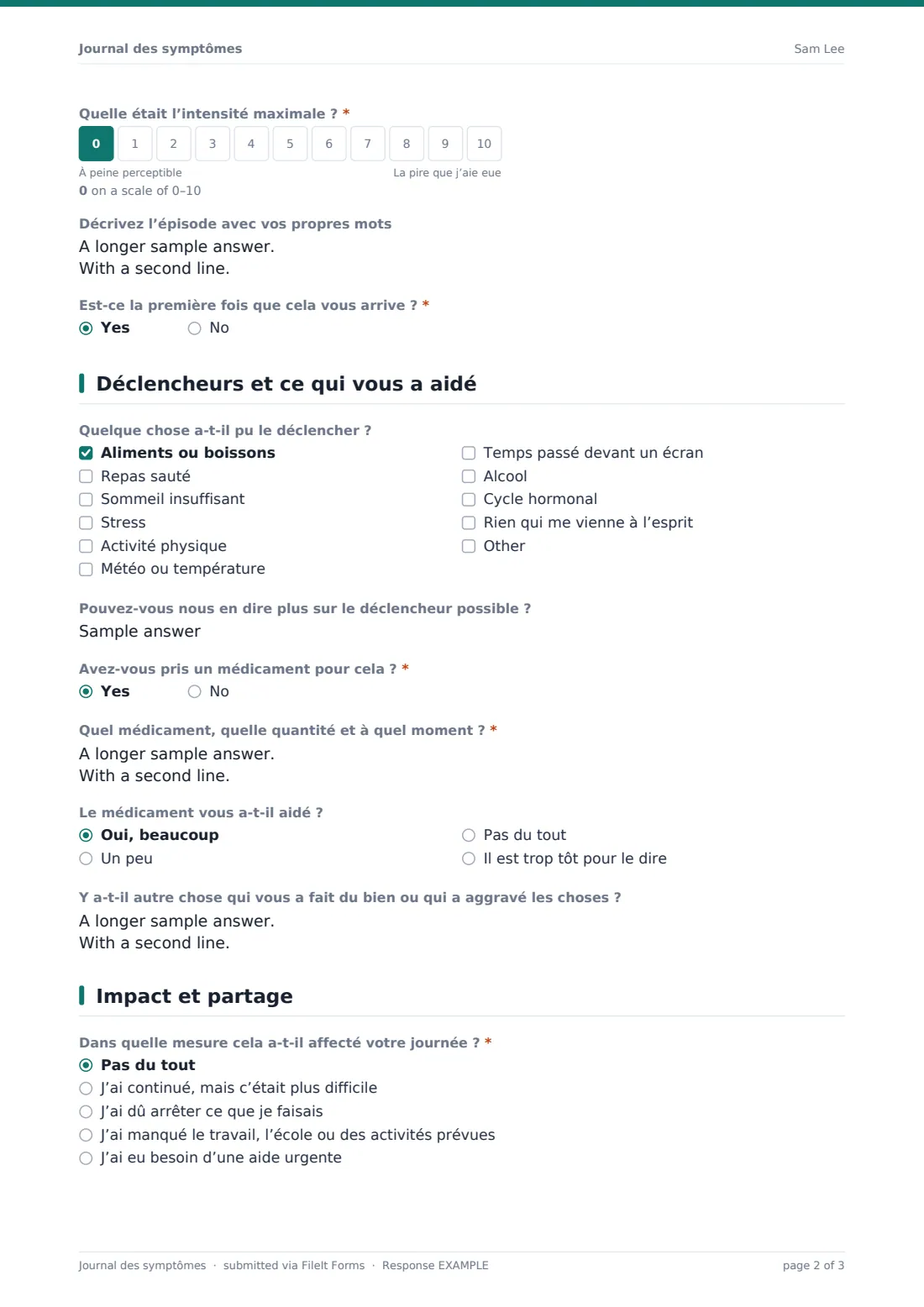Journal des symptômes — exemple de réponse au format PDF, page 2 sur 3