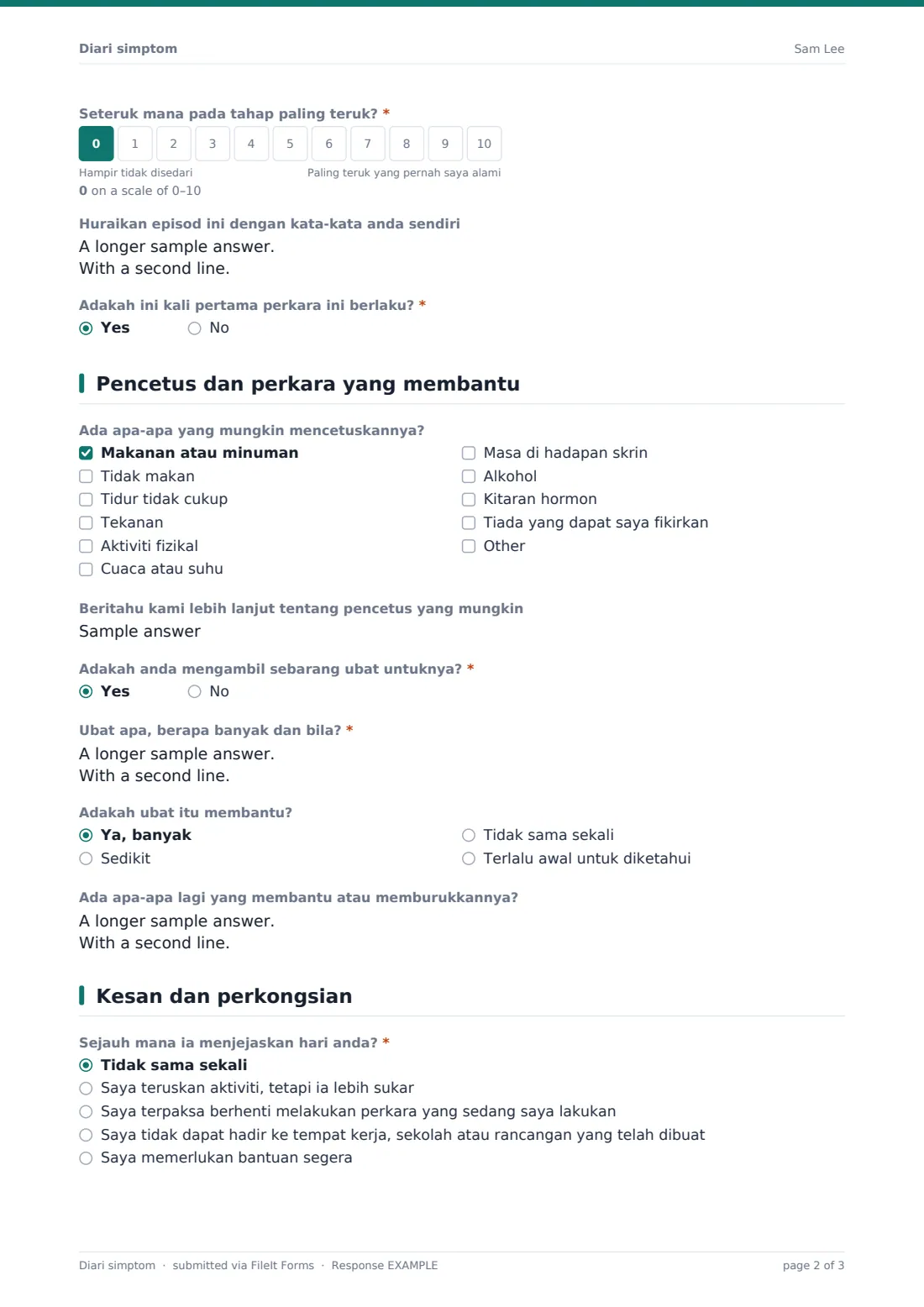 Diari simptom — PDF respons contoh, halaman 2 daripada 3